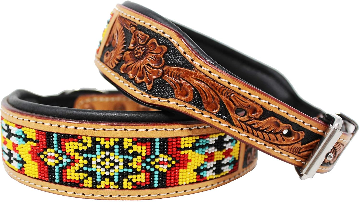 Medium 17''- 21'' Hand Tooled Beaded Padded Leather Dog Collar 60127