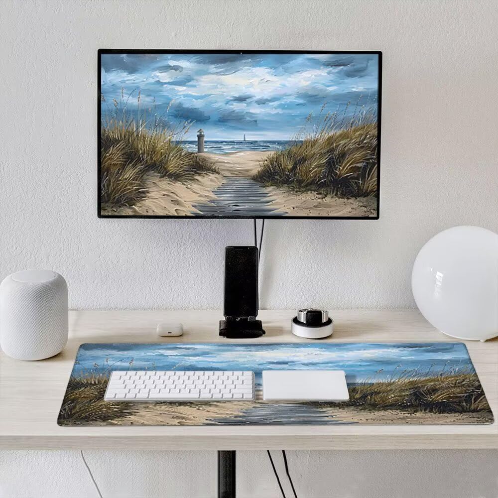 Duża podkładka pod mysz do gier XXL 1200 x 600 x 3 mm z zszytymi krawędziami, trwała antypoślizgowa podstawa z naturalnej gumy, zmywalna podkładka na klawiaturę, gry, do domu, biura, latarnia morska