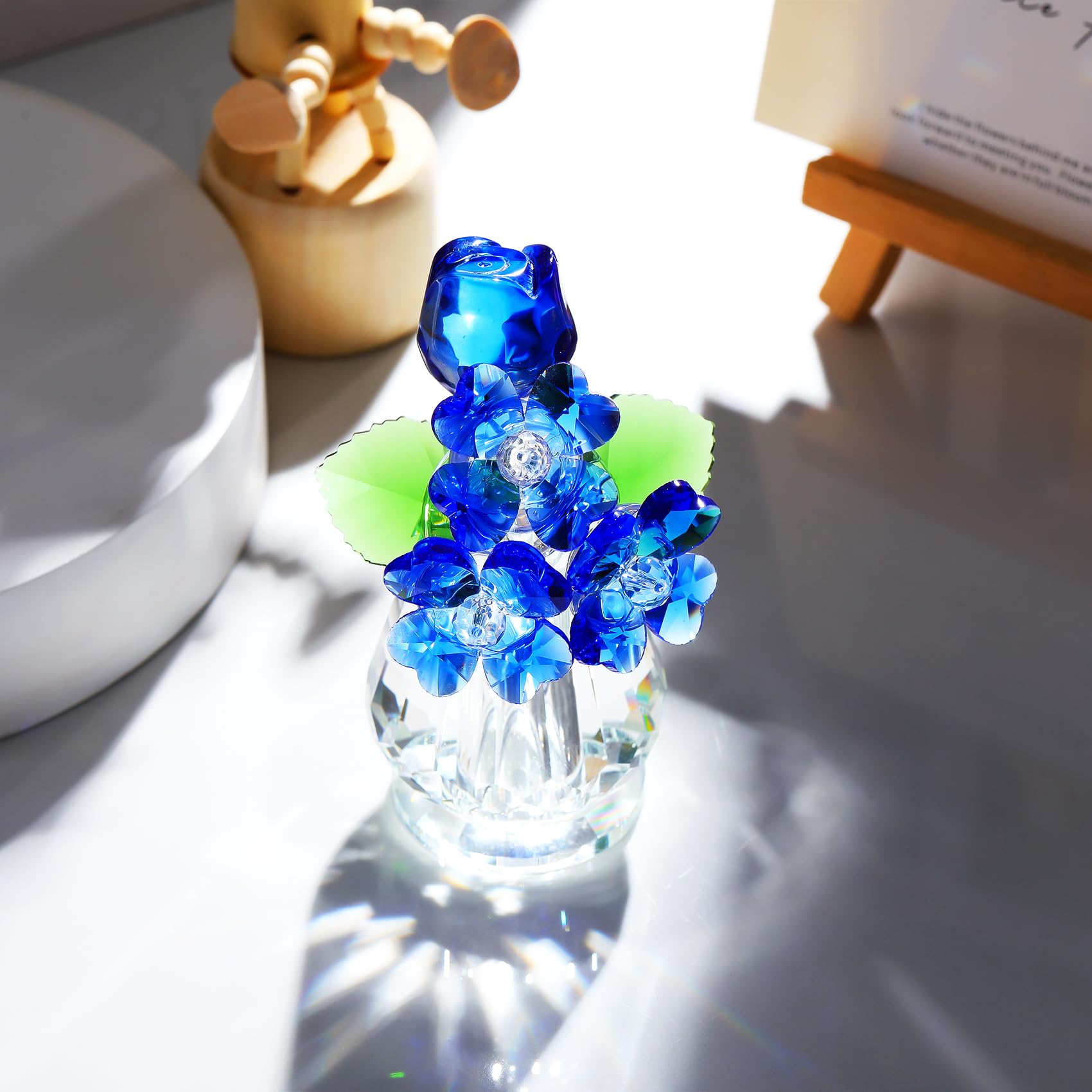 Arikyrist Adorno de ramo de flores de cristal para mujer, figura de rosa de cristal para decoración del hogar (azul)