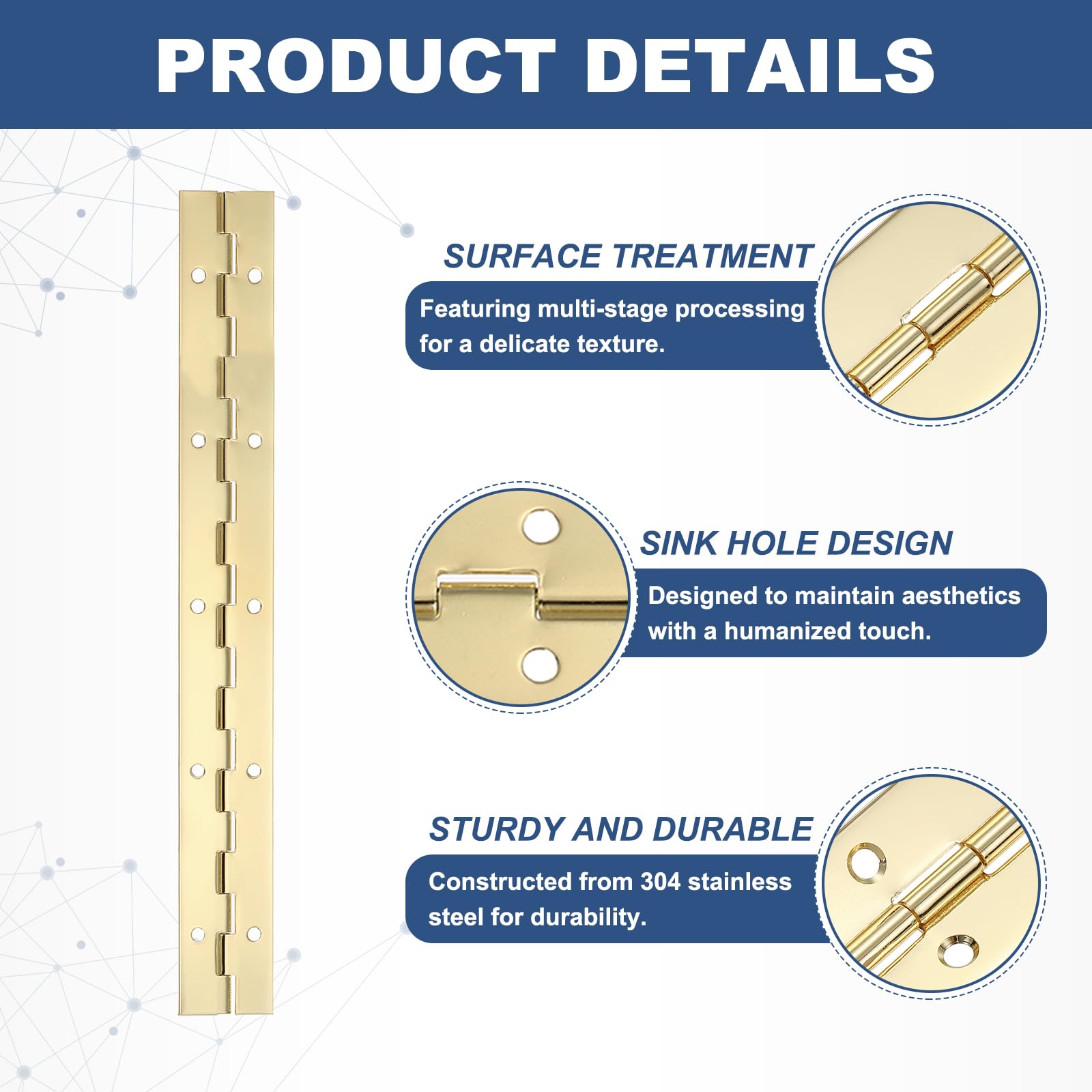 PATIKIL 10x1.2 Inch Piano Hinge,8 Pcs 304 Stainless Steel Continuous Hinge with Holes for Piano Gate Door Wooden Storage Box Cabinet Boat,Gold - Image 3