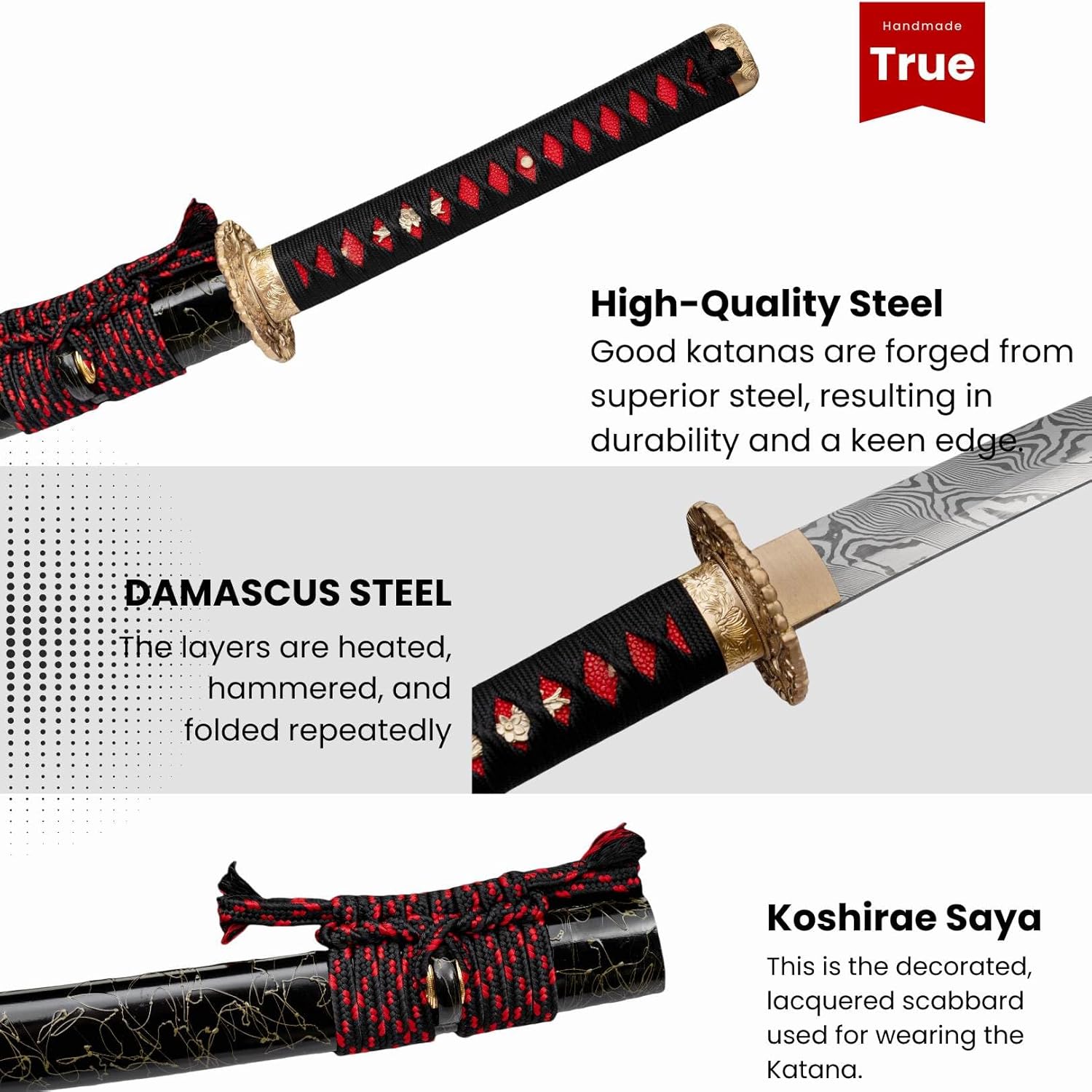 KAWANO Katana Sword, Japanese Handmade Damascus Steel Folded Samurai Sword, Functional Full Tang Blade Katana, Real Rayskin Handle with Gift Bag