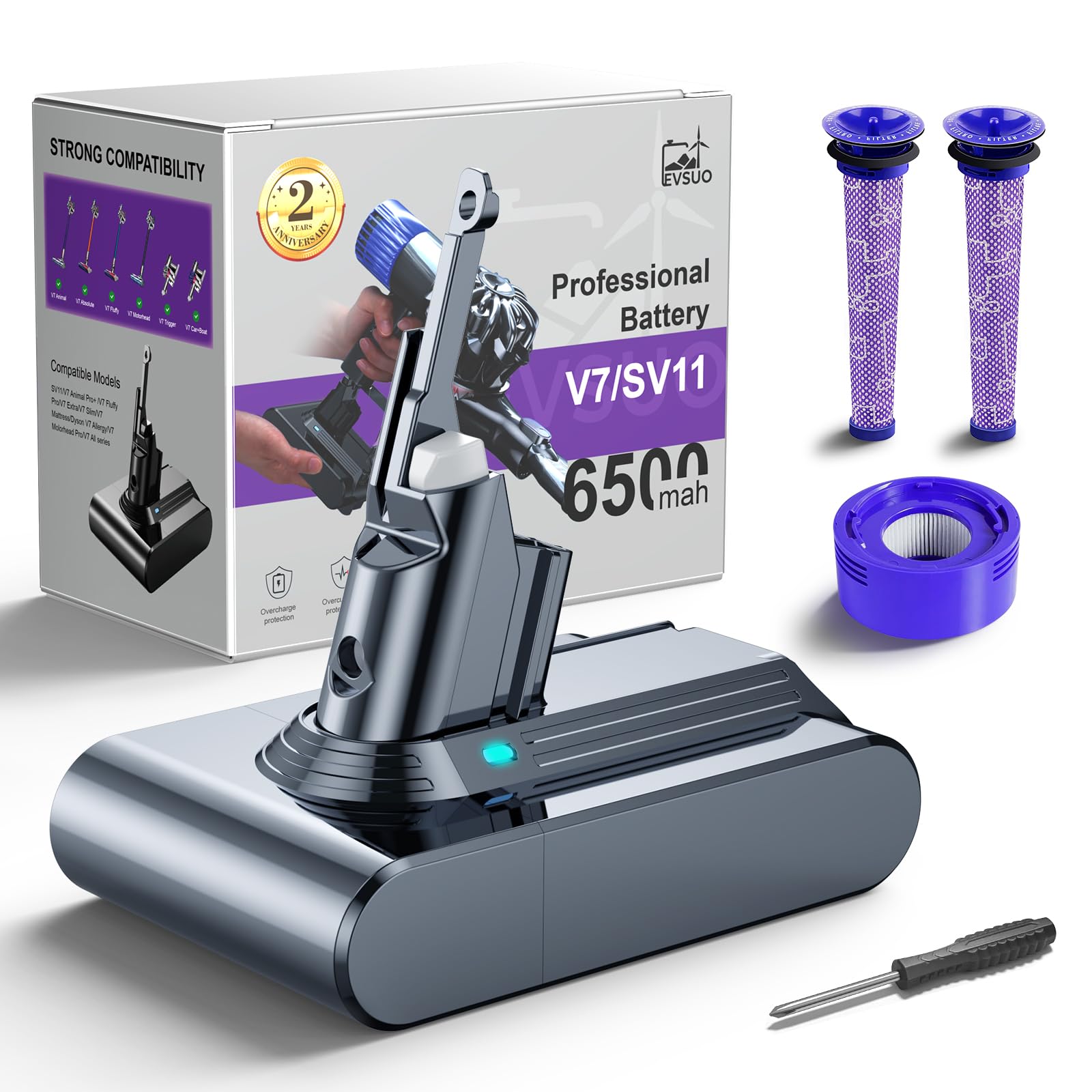 6500mAh Battery Replacement for Dyson V7/SV11 Cordless Vacuums, 21.6V 6-Cell Battery with 3 Filters - Compatible with V7 Motorhead/Animal/Trigger/Absolute/Car+Boat