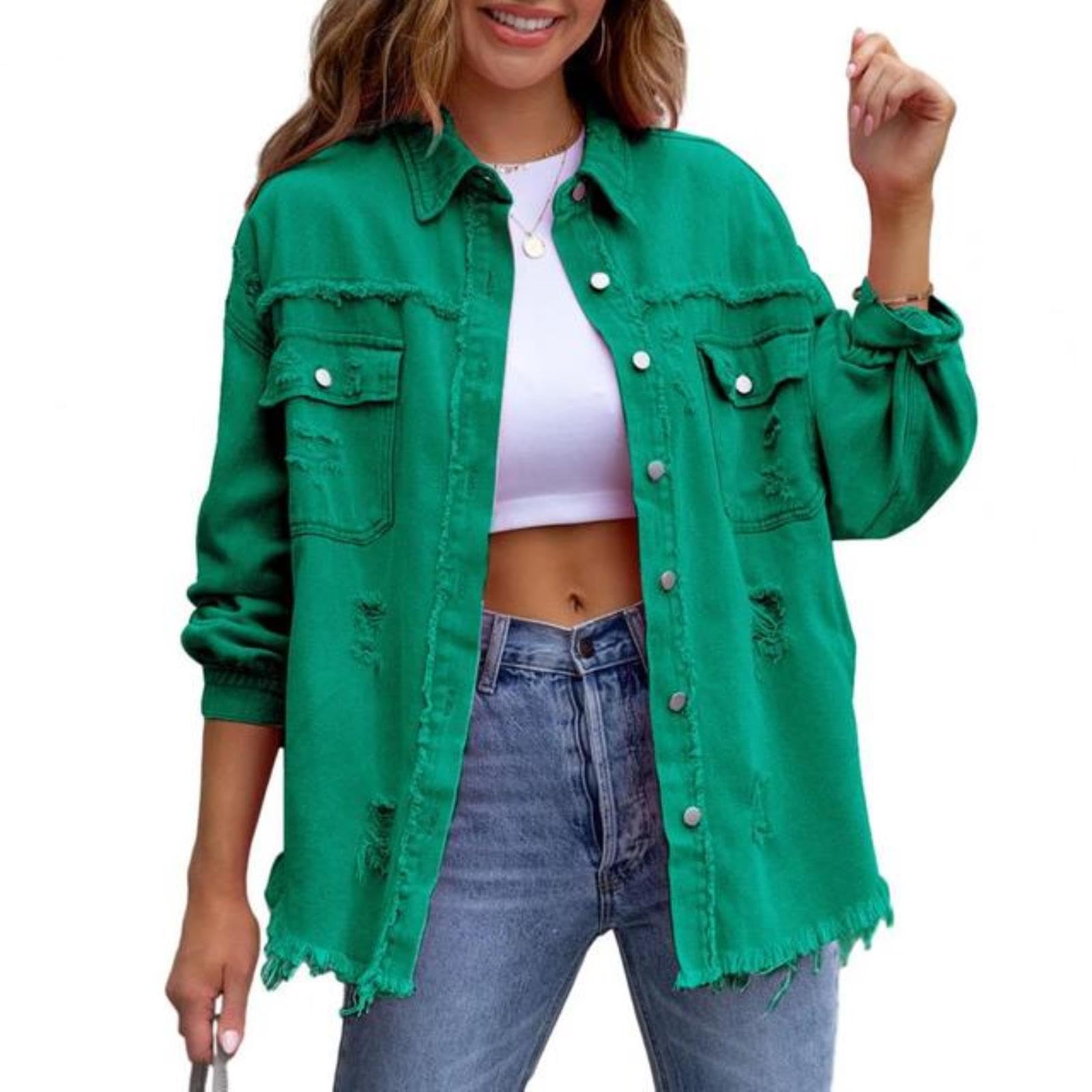 LiPski Bords Veste Denim Poche déchirée Revers Manches Longues Mono-poitrine Vintage Jeans Veste Manteau Femmes Manteau de printemps