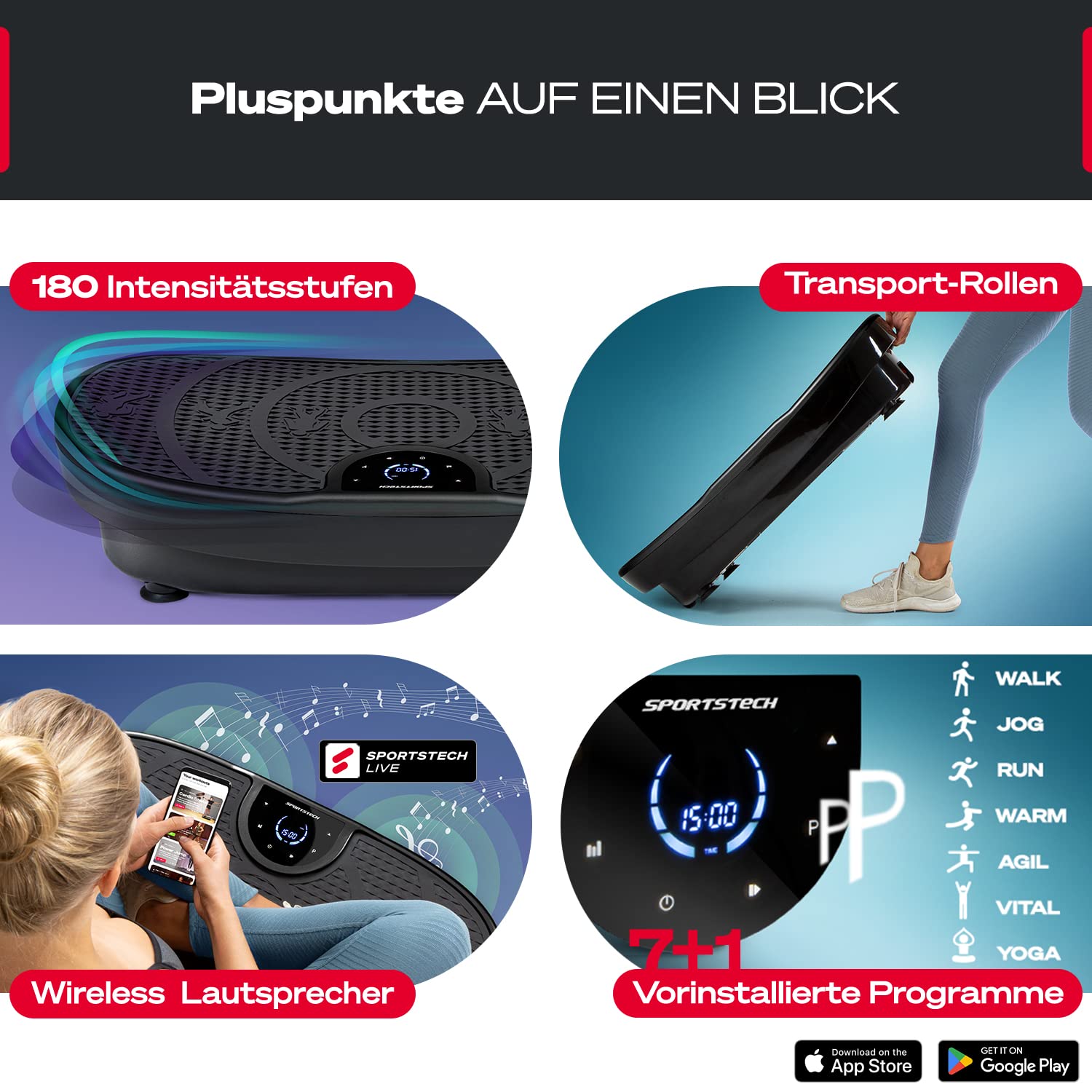 Sportstech VP250 Vibrationsplatte für Zuhause, Rüttelplatte für Frauen & Männer, Lymphdrainage, Fettverbrennung & Muskelaufbau, Ganzkörpertraining, leiser Motor, 200 W, 180 Stufen, Bluetooth