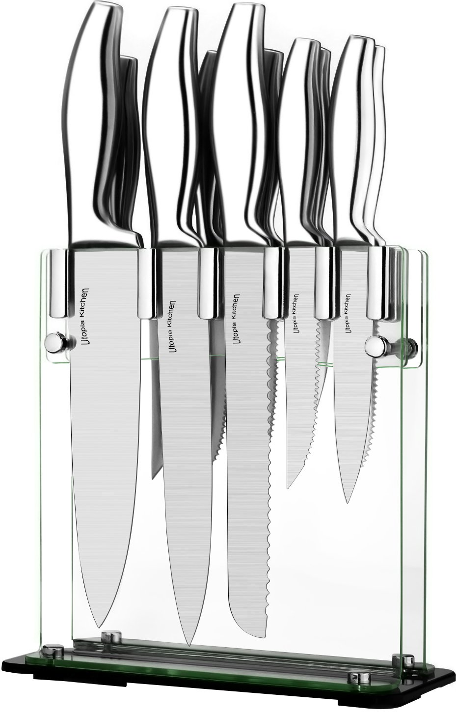 Utopia Kitchen 430 Grade Stainless Steel Knives Set (11 Knives plus Acrylic Stand) - 8" Chef Knife - 8" Bread Knife - 8" Carving Knife - 5" Utility Knife - 3.5" Pairing Knife - 6 x 4.5" Steak Knives
