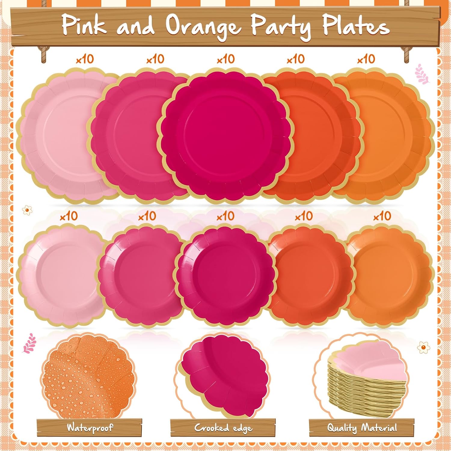 Zhehao 150 Pcs Pink and Orange Plates and Napkins Tableware Serves 50 Includes 9 Inch 7 Inch Pink and Orange Scalloped Paper Plate and Napkins for Wedding Birthday Baby Shower Party