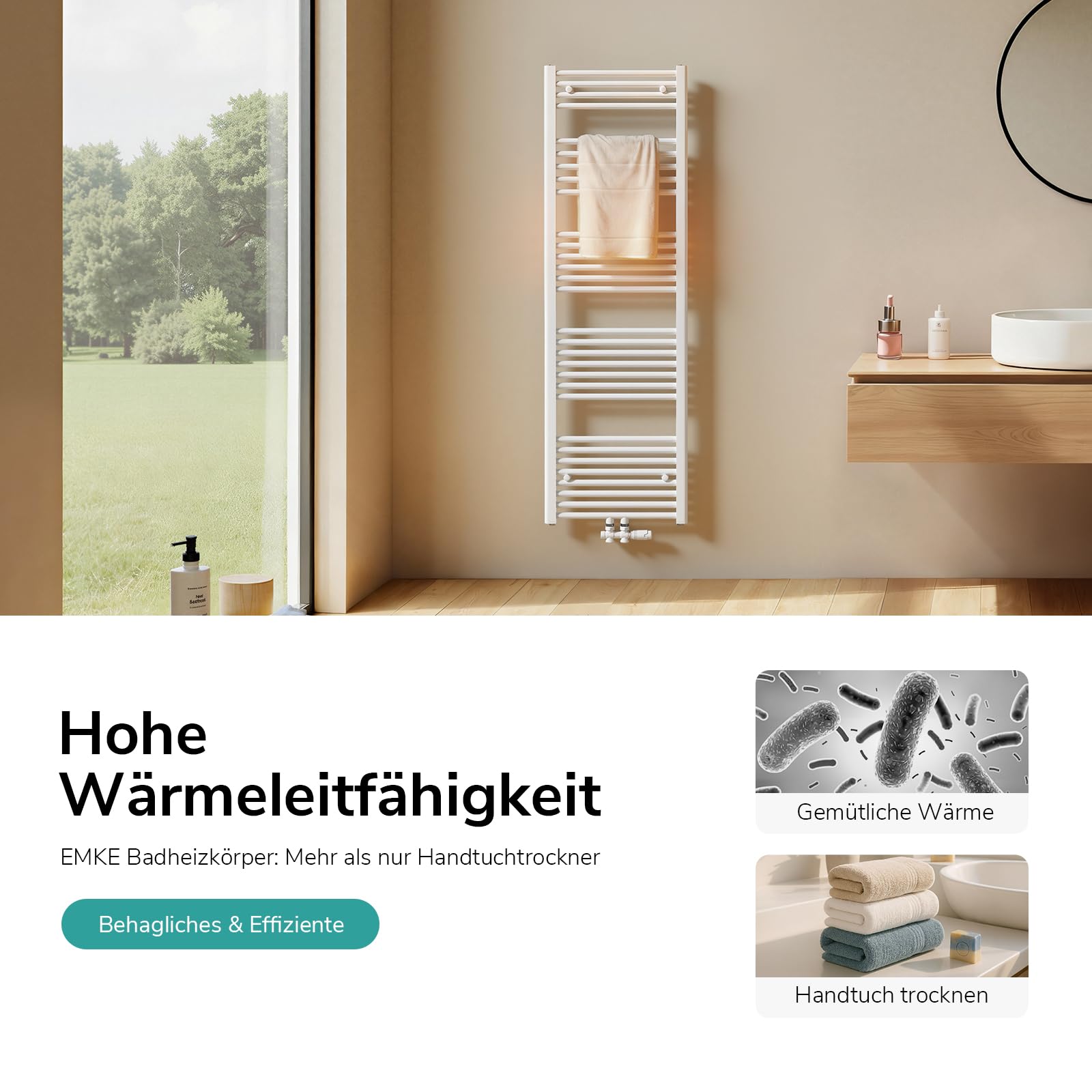 EMKE Badheizkörper Gerade 1000x500 mm - Handtuchheizkörper mit Mittelanschluss, Effizienter Handtuchwärmer Handtuchtrockner Heizkörper für Bad, Weiß, 427W
