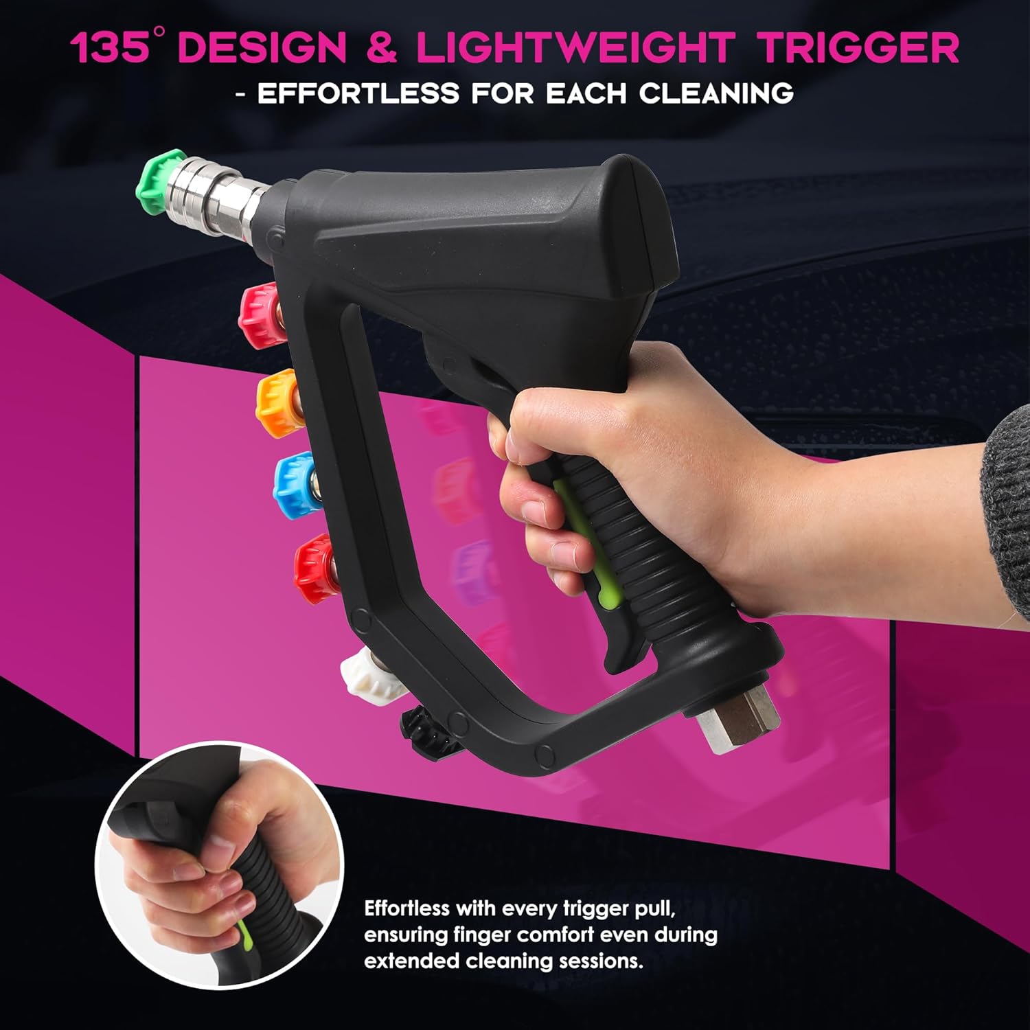 Short Pressure Washer Gun with Swivel, 4350 PSI Power Washer Trigger Gun, 3/8" Quick Connect, M22-14mm and M22-15mm Adapters, 7 Spray Nozzle Tips, Safety Lock for Car Wash and Cleaning