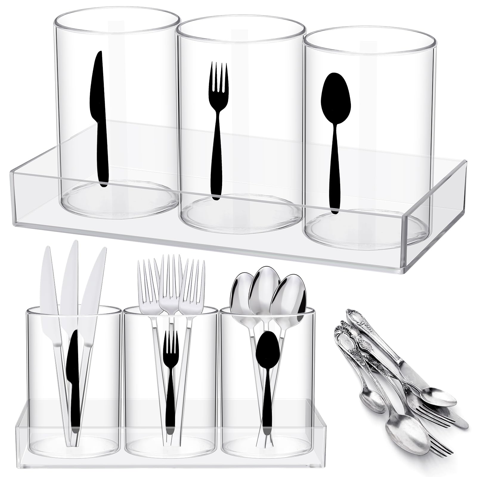 Suzile 3 Pcs Round Acrylic Cutlery Storage Organizer Plastic Utensil Holder Clear Silverware Organizer Tableware Storage Box Countertop Fork Spoon Knife Holder Party Flatware Caddy for Kitchen