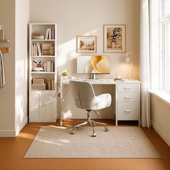 Coleshome Office Desk and Bookcase Set, 120cm Computer Desk with Drawers & 6-Tier Bookshelf with Doors, Space-Saving Workstation Storage Furniture Combo, White