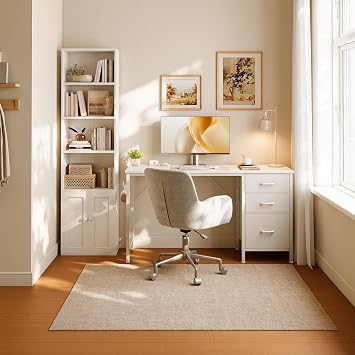Coleshome Office Desk and Bookcase Set, 120cm Computer Desk with Drawers & 6-Tier Bookshelf with Doors, Space-Saving Workstation Storage Furniture Combo, White
