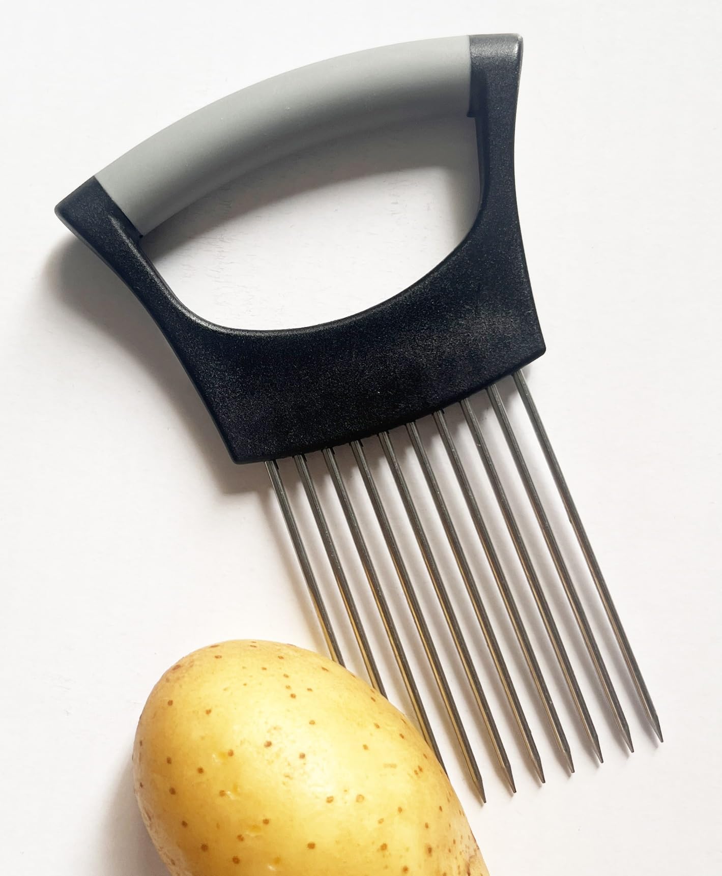 Stainless Steel Onion Slice Holder & Kitchen Chopper Assistant - Safe Vegetable Cutter Tool (Black & Gray) - View #2