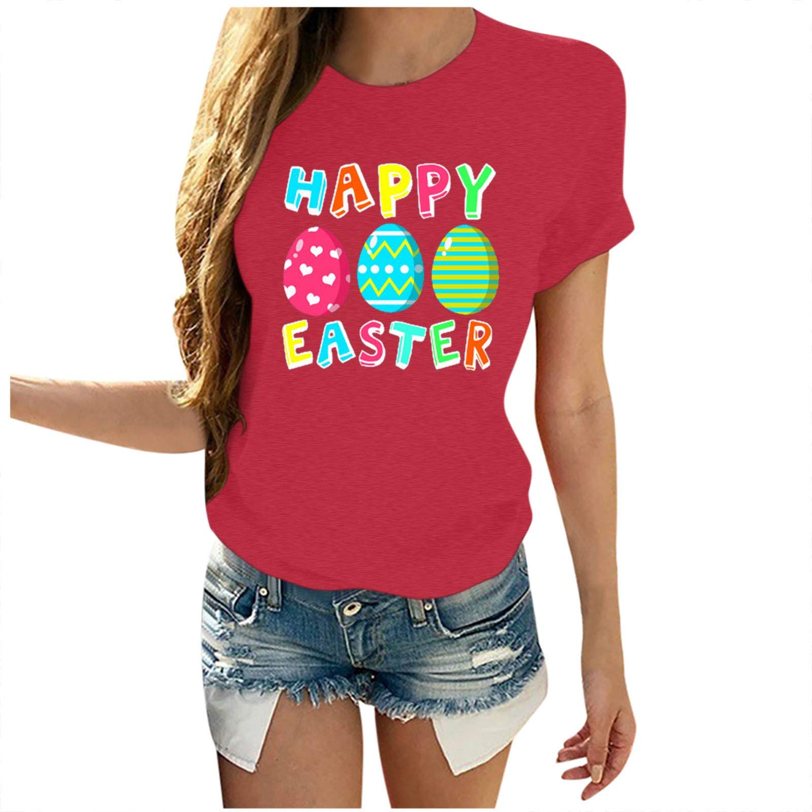 AMDOLEWomens Easter Tops Happy Eggs 2021 Size Easter Easter Plus Women Loose Print Men Sleeves And Short Women's Blouse Trendy Outfits for Women 2024