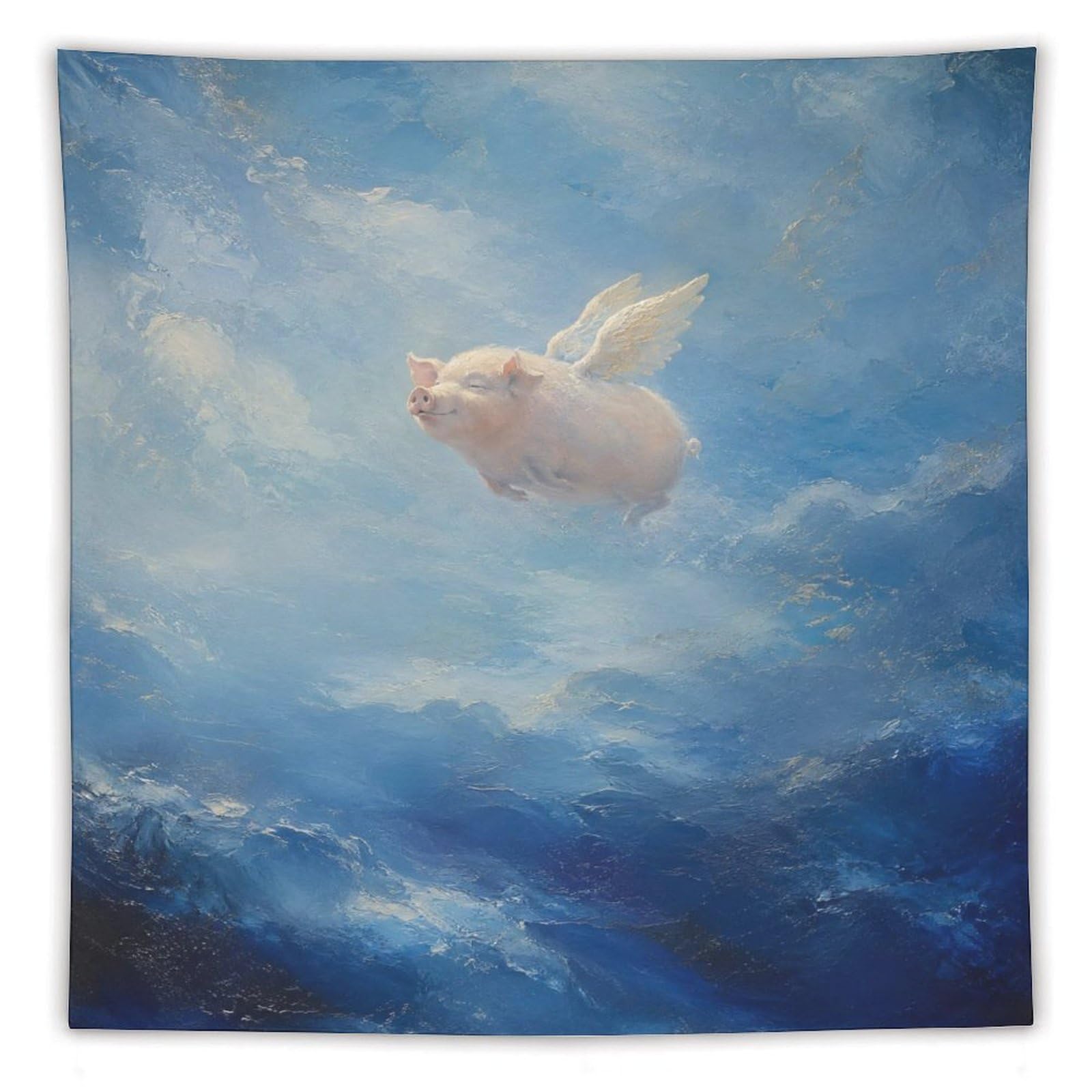 W7C8U2X3 Flying Pig Ocean Sky Wall Tapestry, Naive Art Style, College Dorm