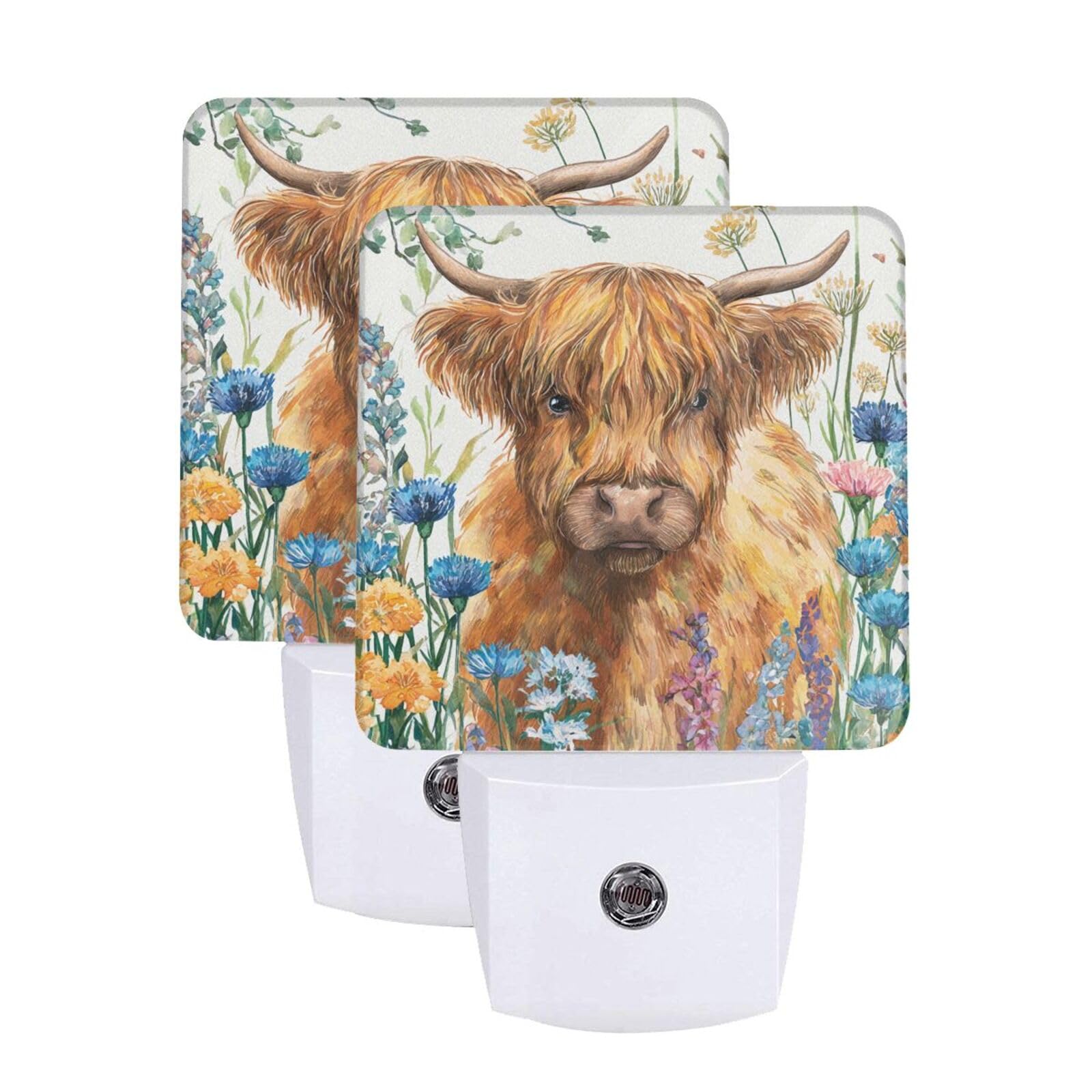 Spring Flowers Night Light Set of 2, Highland Cow Auto Sensor LED Dusk-to-Dawn Nightlights, Plug-in Sensor Lamp for Bedroom Bathroom Kitchen Hallway Stairs Decorative