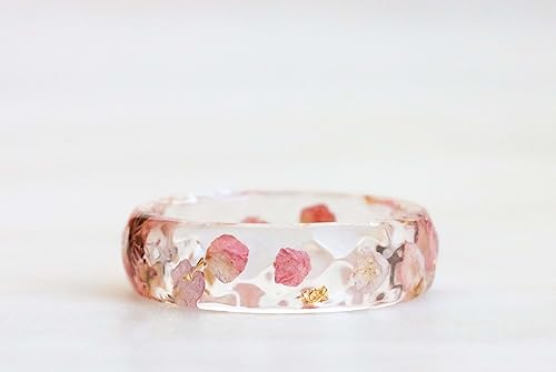 Miniatura 3 de Pink Blossom Ring, Elegant Faceted Resin Ring with Real Petals and Gold/Silver/Copper Flakes, Nature Inspired Jewelry, Holiday Gift