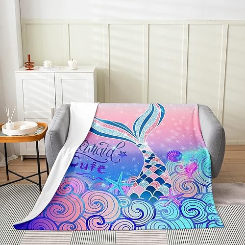 Miniatura 2 de Manta de cama con cola de sirena para niños, manta de franela de sirena acuarela de 50 x 60 pulgadas, manta de dibujos animados de sirenita para