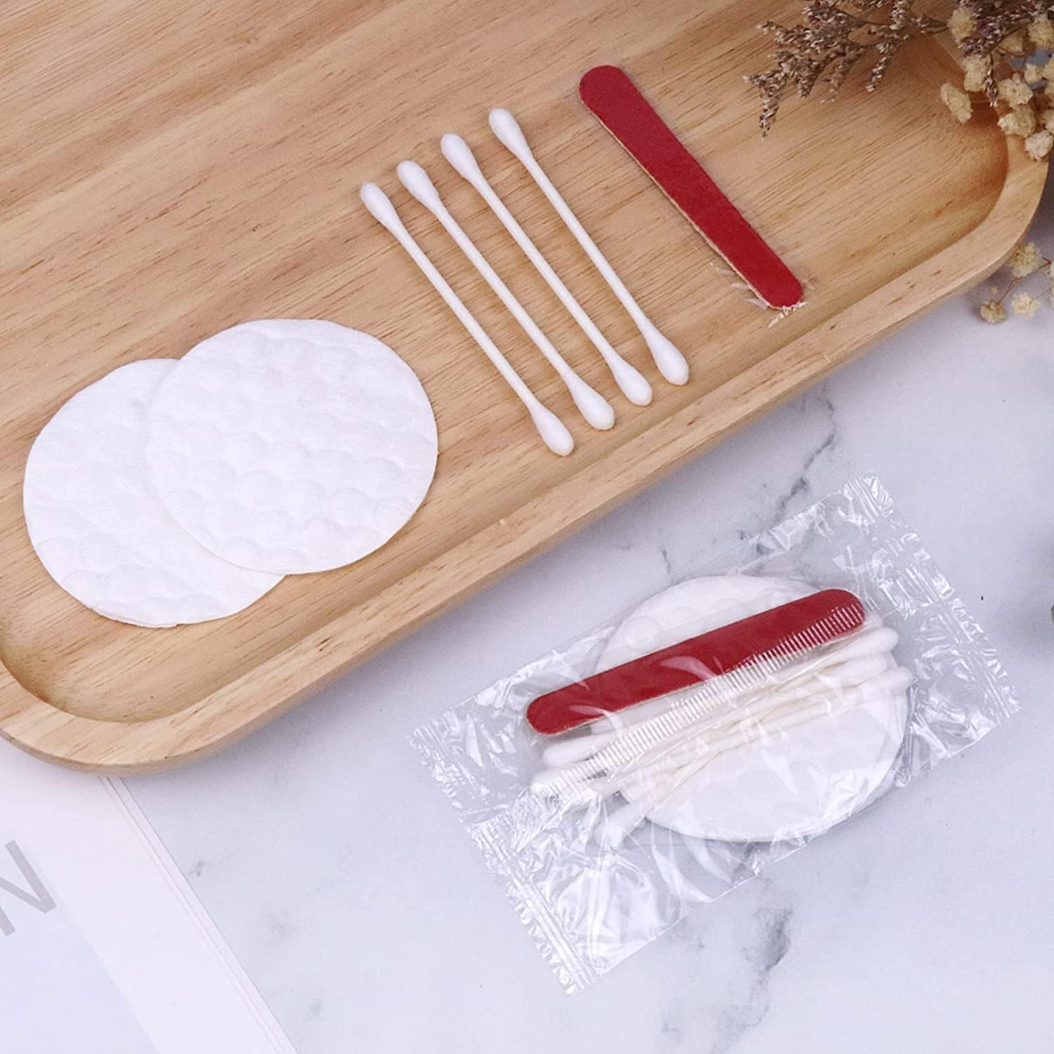 100 Pack Disposable Toothbrushes Bundle with 100 Pack Hotel Vanity Kit Cotton Swabs