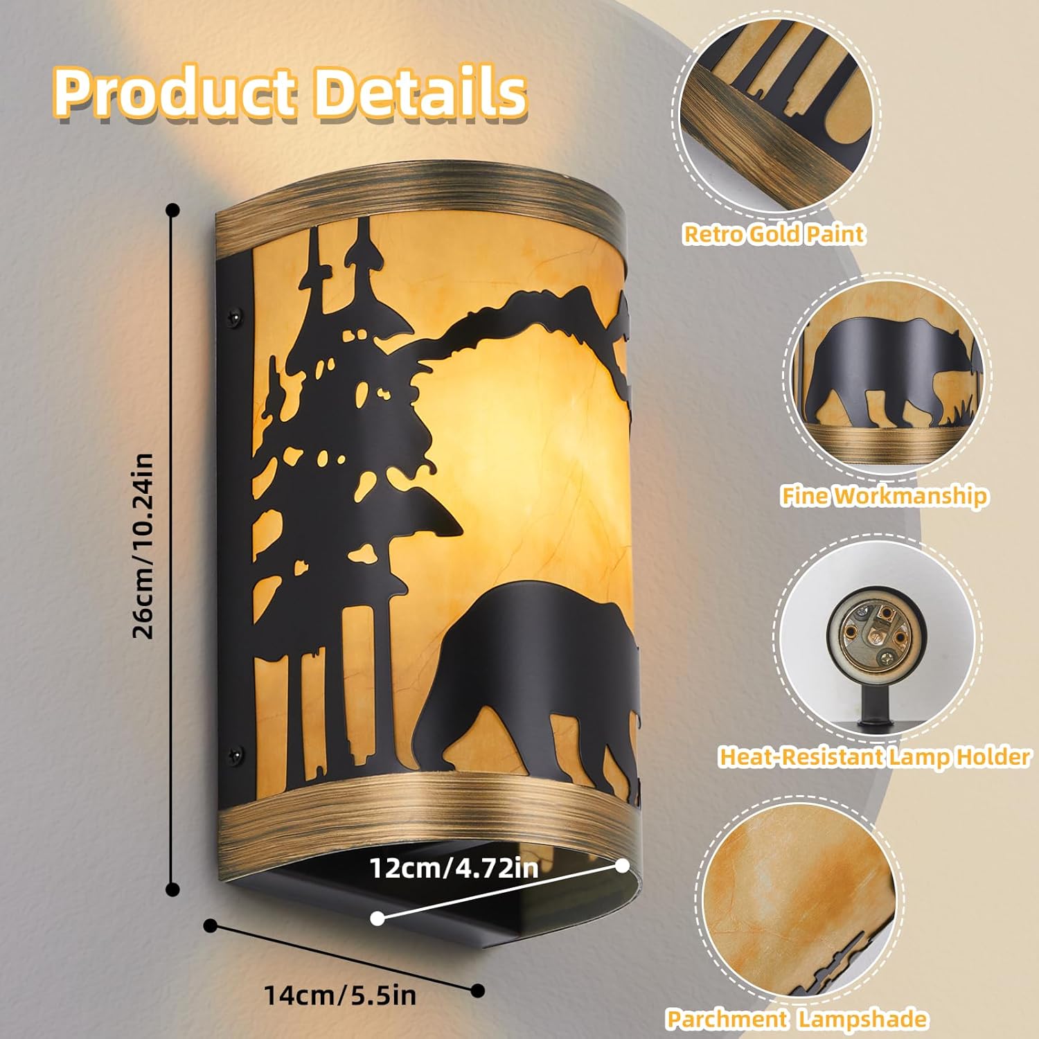 Rustic Wall Sconces Bear Metal Lamp, Industrial Farmhouse Wall Light with Shade, E26 Socket, Black with Gold Trim, Perfect for Bedroom, Living Room, or Rustic Cabin Lighting (Bulb not Included)
