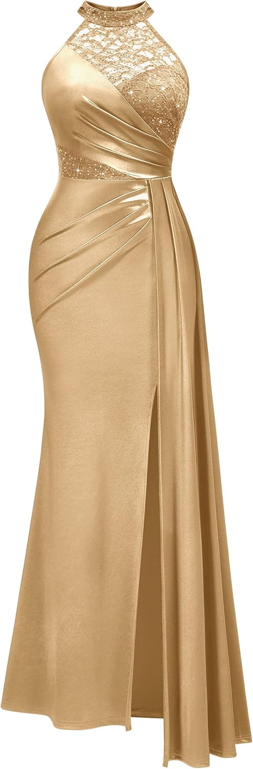 Miusol Women's Sexy Halter Sequin Lace Satin High Split Ruched Style Evening Party Maxi Dress