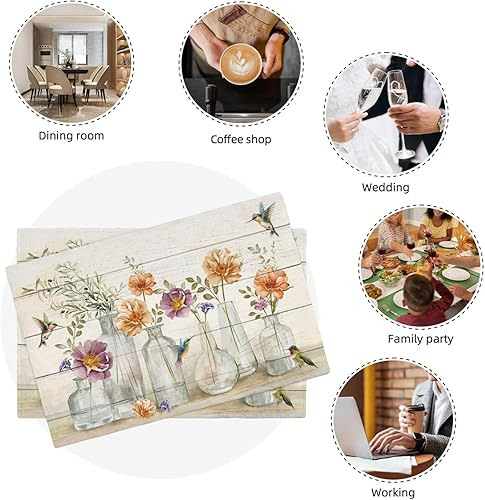 Miniatura 8 de Juego de 4 manteles individuales florales y colibríes, lavables, para decoración del hogar, fiesta, interior, cocina, comedor, 12 x 18 pulgadas