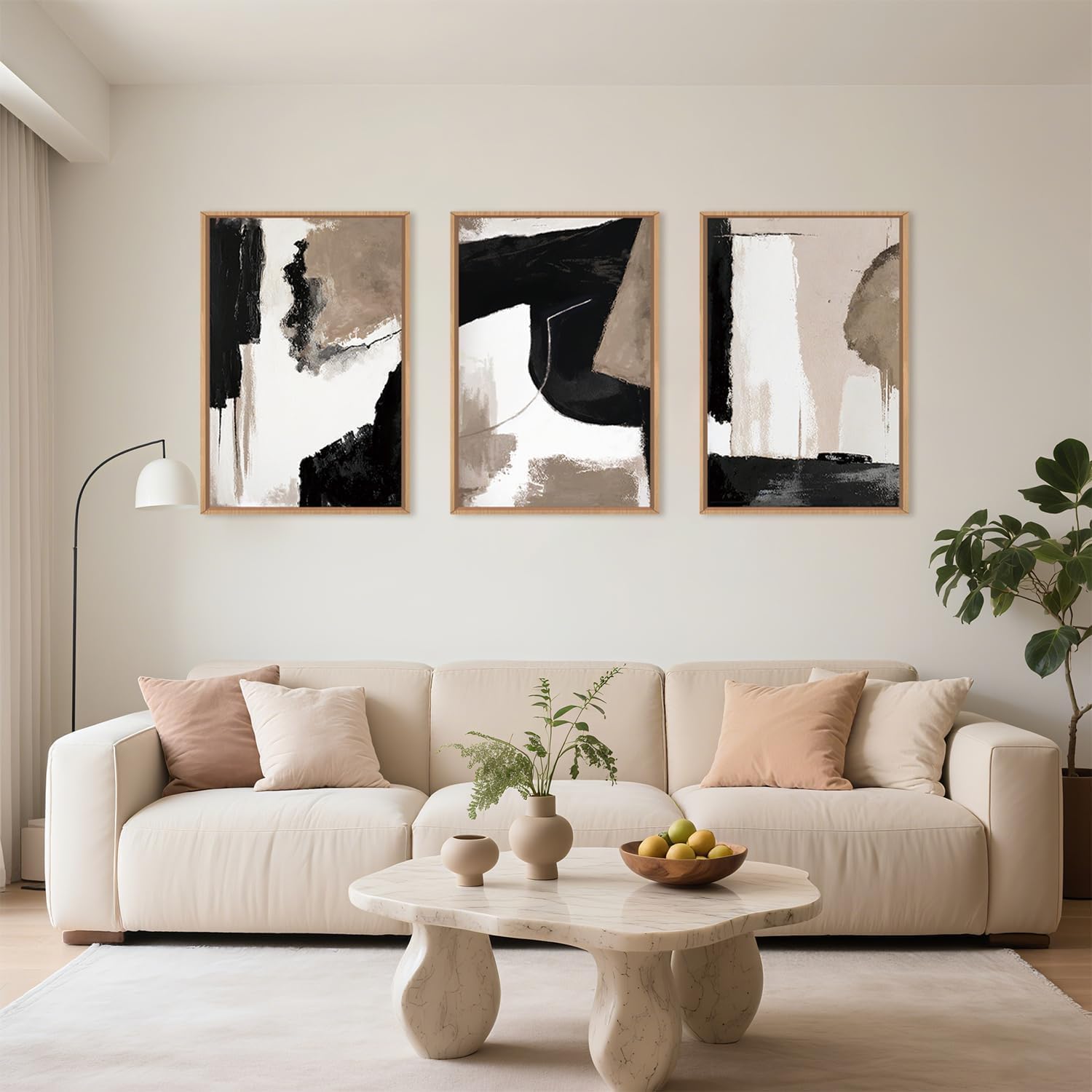 large modern abstract framed canvas wall art set, neutral black and beige color block wall decor,minimalist pastel tan art printing for living room,bedroom,office-24 x36 x3 brown and black wall art 24"l x 36"w