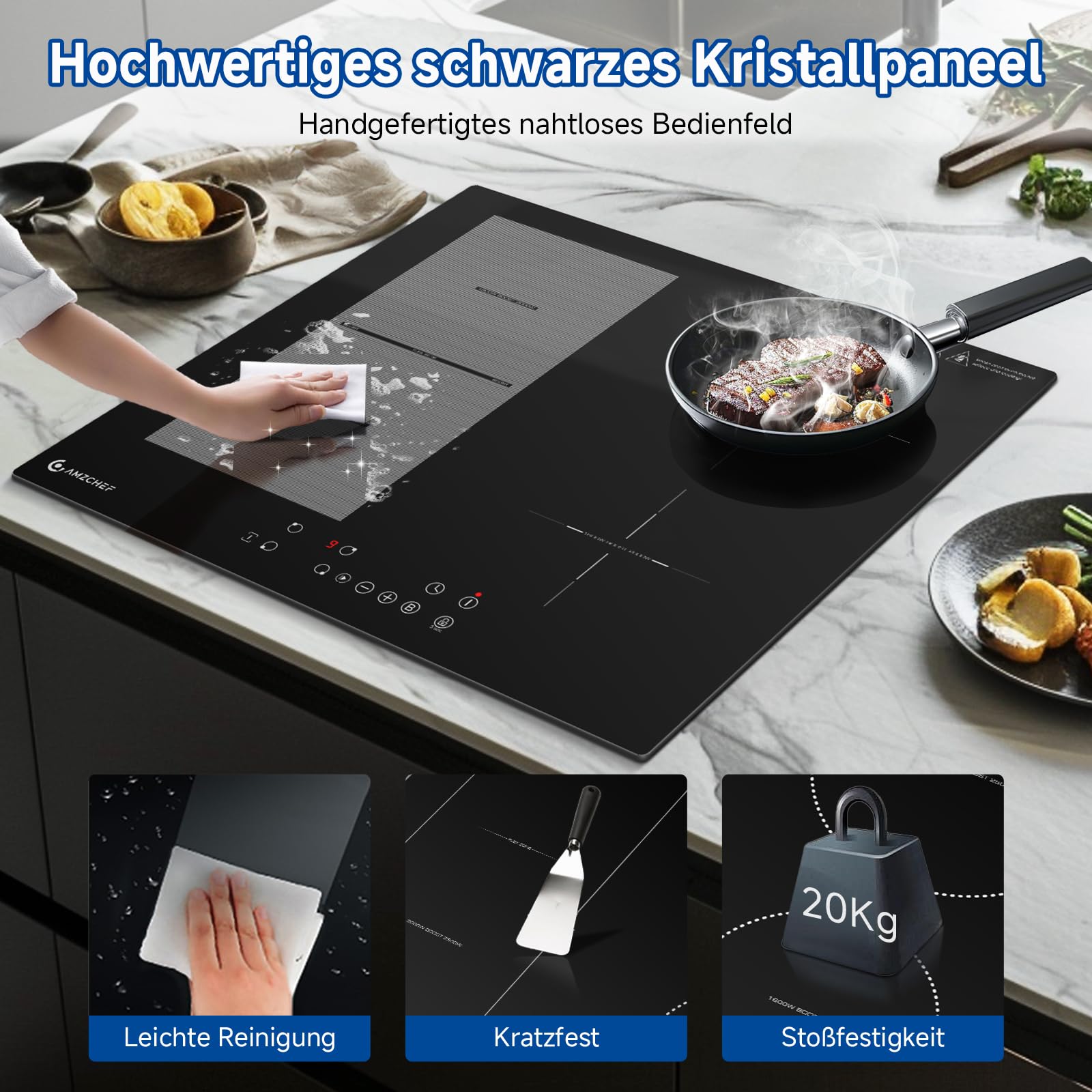 AMZCHEF Induktionskochfeld 60cm mit Flexzonen, 4 Zonen Induktionskochplatte mit Boost-Funktion und 9 Leistungsstufen, Pausenfunktion, Timer, Sicherheitsschloss, Überhitzungsschutz, BBQ, 7200W