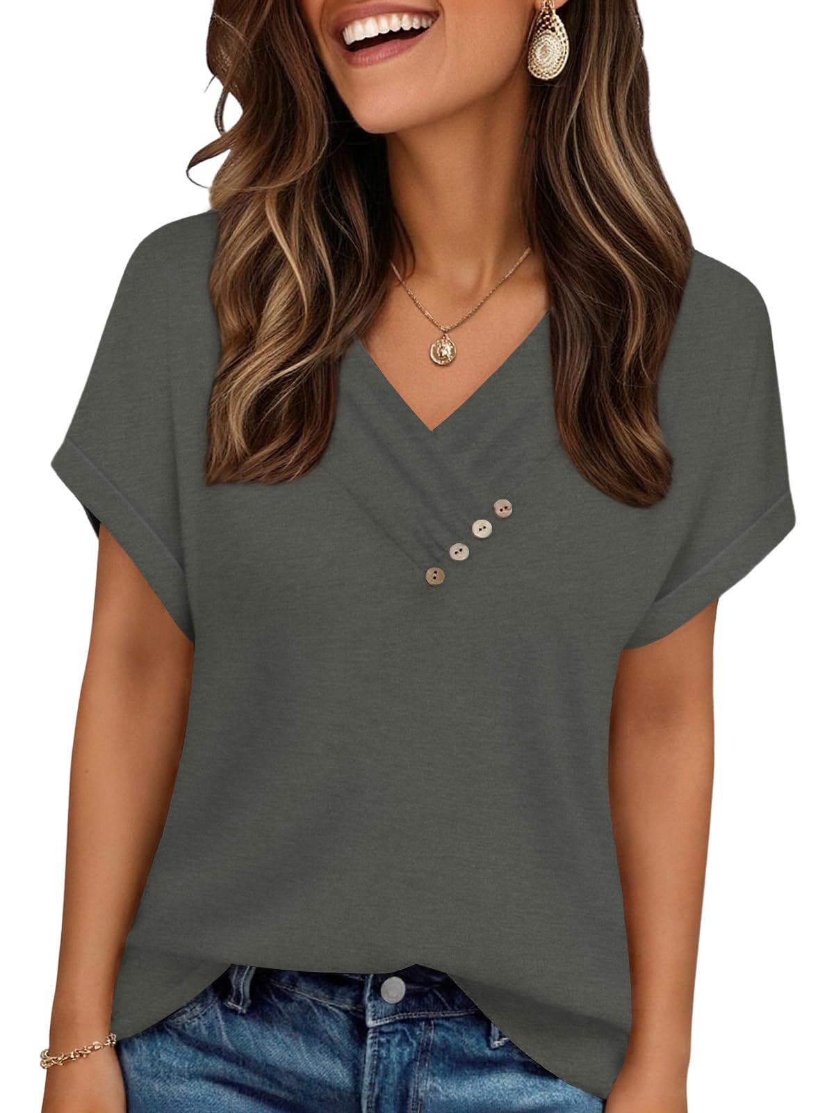 Cuptacc Tshirt Damen Elegante V Ausschnitt T Shirt Basic Kurzarm Mit Button | V-Hals,Button,Short Sleeve,Oversize,Einfarbig,Lightweight,Komfort,Hautfreundlich,Soft,Weich,Elegante,Lässig,Fashion