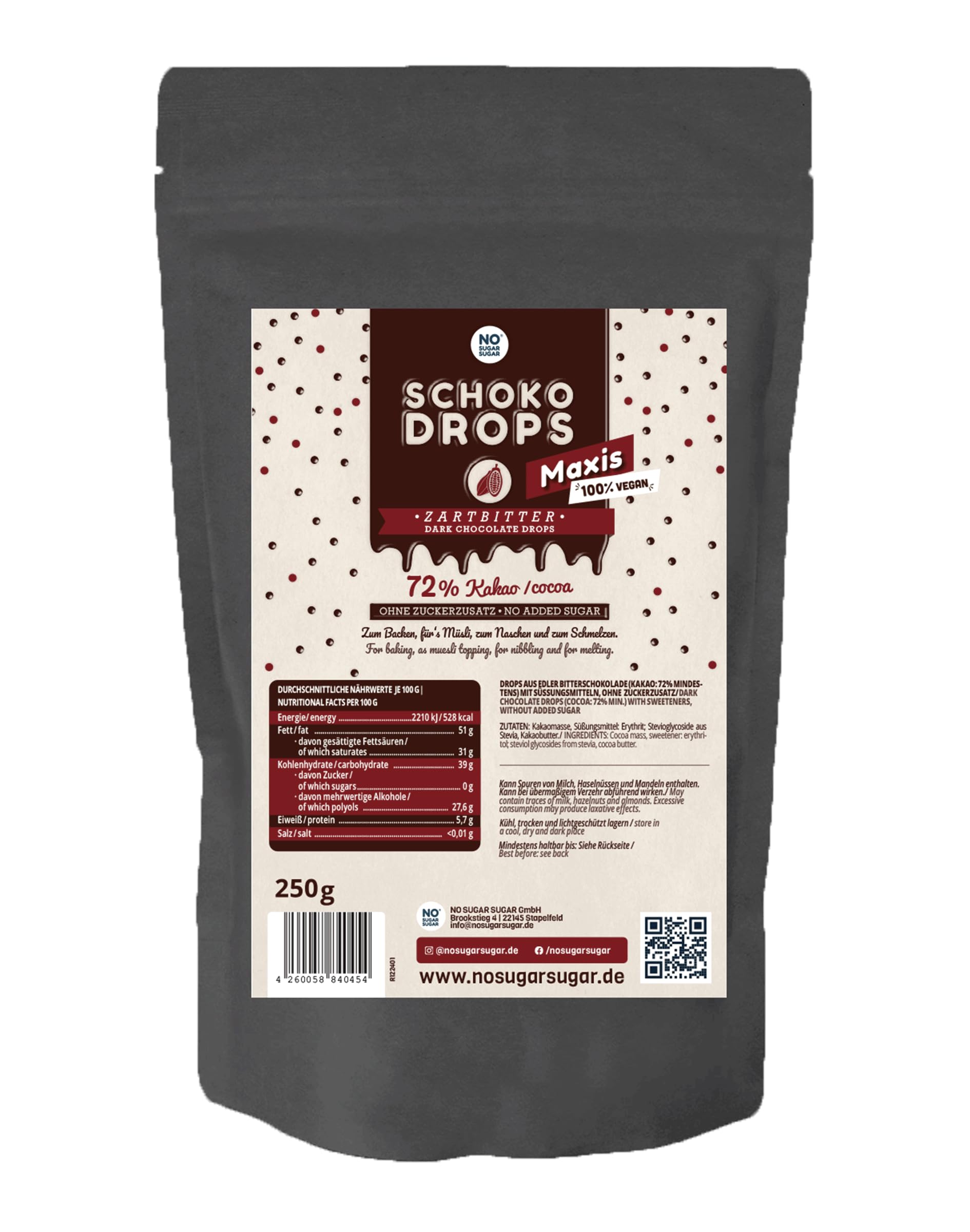 Schokodrops ohne Zuckerzusatz - NO SUGAR SUGAR Probierset Vollmilch, Weiß & Zartbitter (3x 250g)