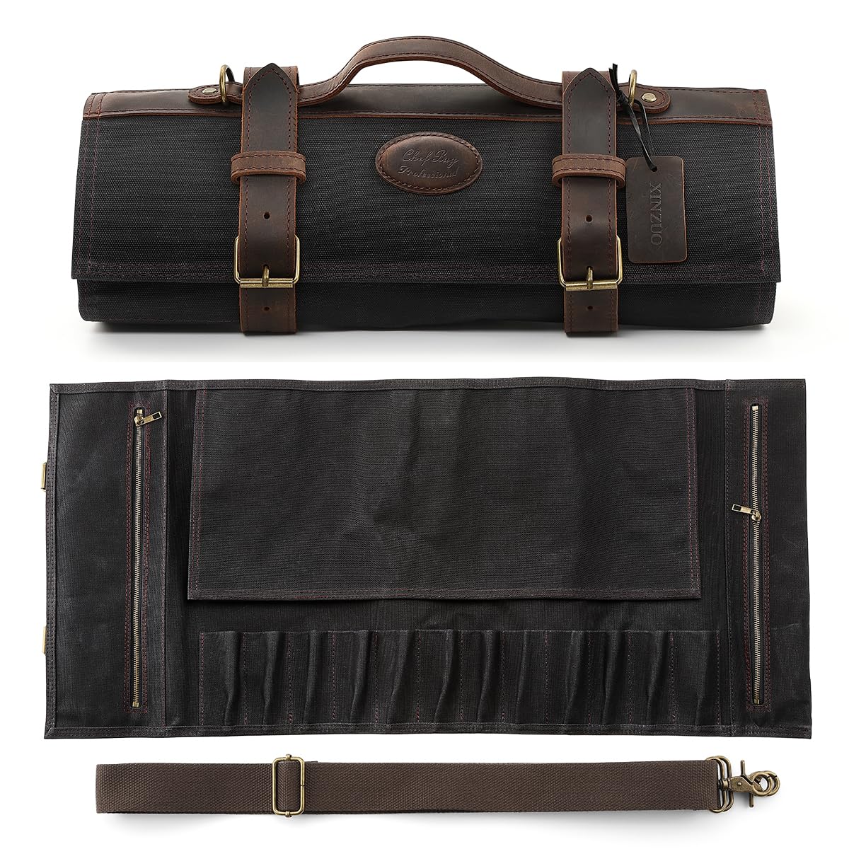 XINZUO Chef Knife Roll Bag Professional,16oz Waxed Canvas and Crazy Horse Leather,12 Slots Plus 2 Zipper Pockets,Adjustable Shoulder Strap-Travel Tool Roll Pouch(Bag Only)
