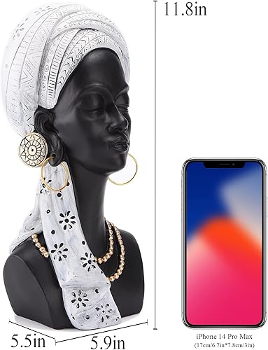 Miniatura 2 de BRASSTAR Resina africana busto negro estatua mujer negra llevaba turbante blanco 11.8 pulgadas (H) arte moderno sala de estar escritorio estantería