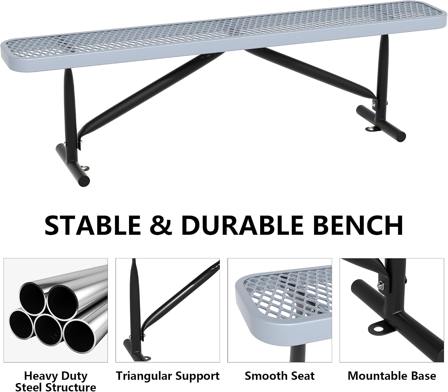 Outdoor Garden Benches, 6 ft Steel Picnic Bench Porch Chair Furniture Patio Seating, Commercial Expanded Metal Mesh Bench for Outside, Lawn, Backyard, Park, Deck, Garden, Patio, School (Grey, 6FT)