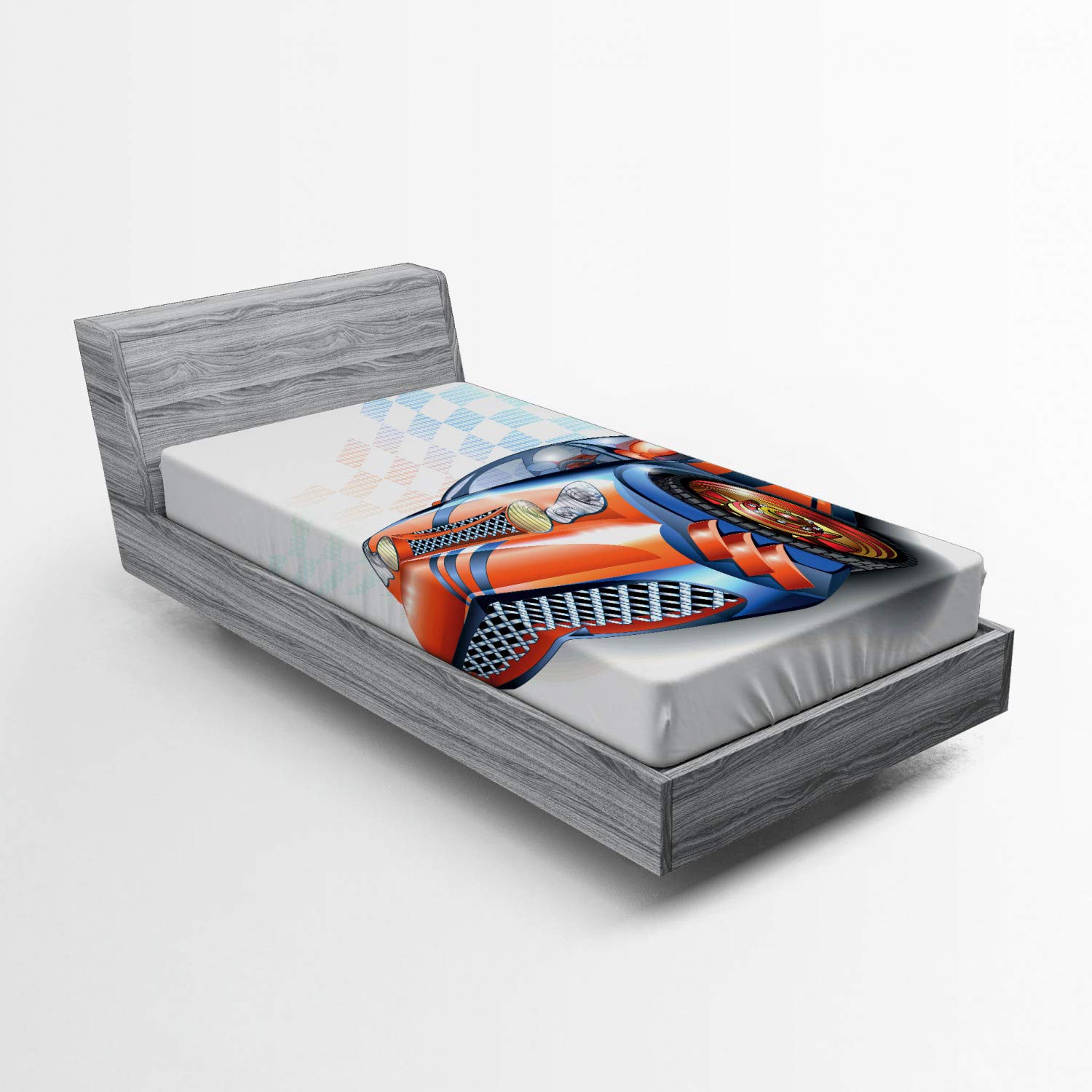ABAKUHAUS Macchine Lenzuolo con Angoli, Burnout Pneumatici Sport Car, Morbido Tessuto Decorativo da Letto Tasca Elastica a Tutto Tondo, 120 x 190 cm, Rosso Nero Arancione