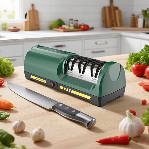 Miniatura 8 de Afilador de cuchillos eléctrico de 3 etapas, disco abrasivo de diamante, guía de ángulo de precisión de 15, para afilar y pulir cuchillos de cocina