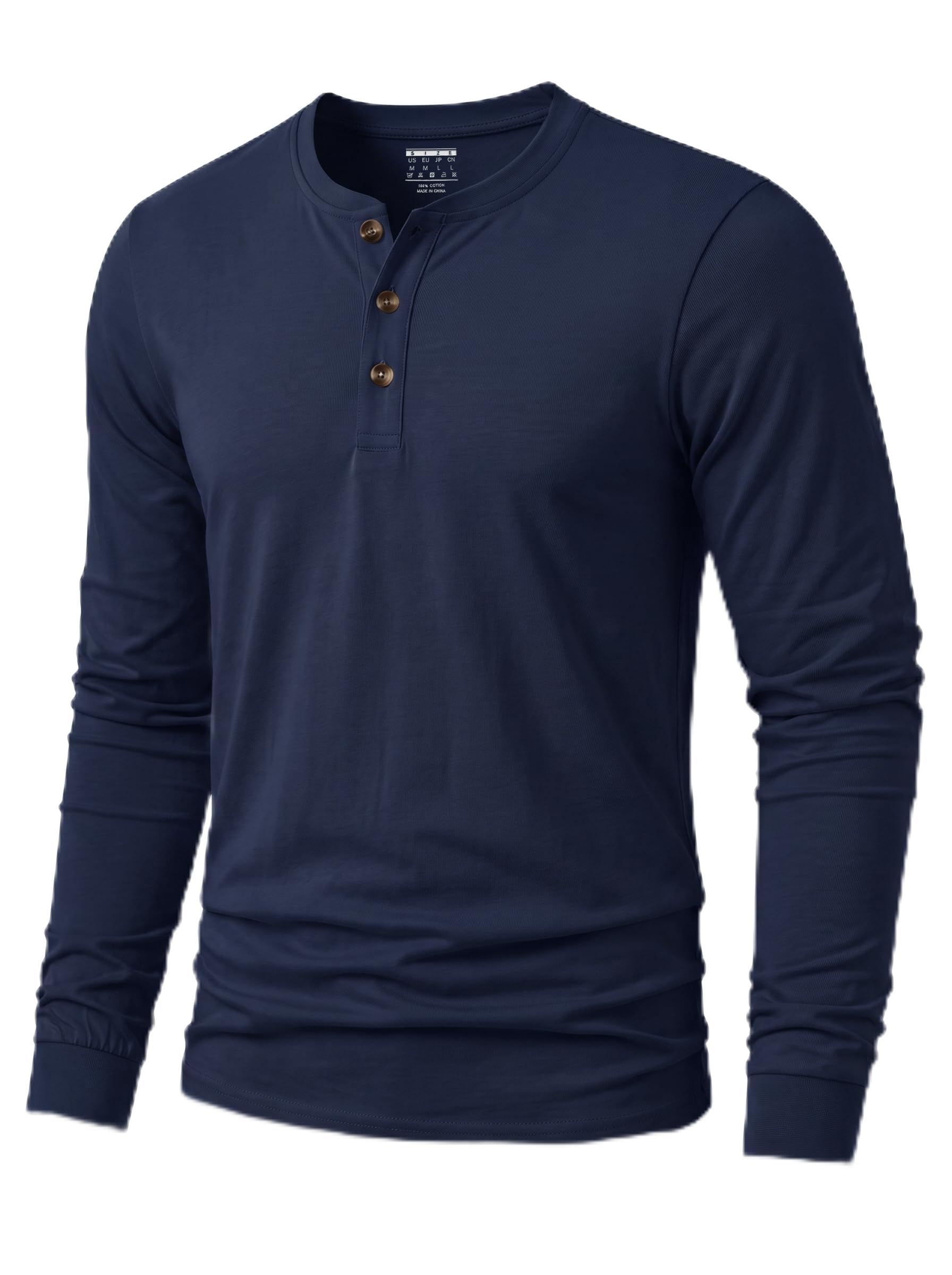 TACVASEN Tshirt Uomo Cotone Maglietta Uomo Manica Lunga Maglia Henley Camicia Elegante Base con Sfilo a Bottoni Taglio Regular Camicia Casual