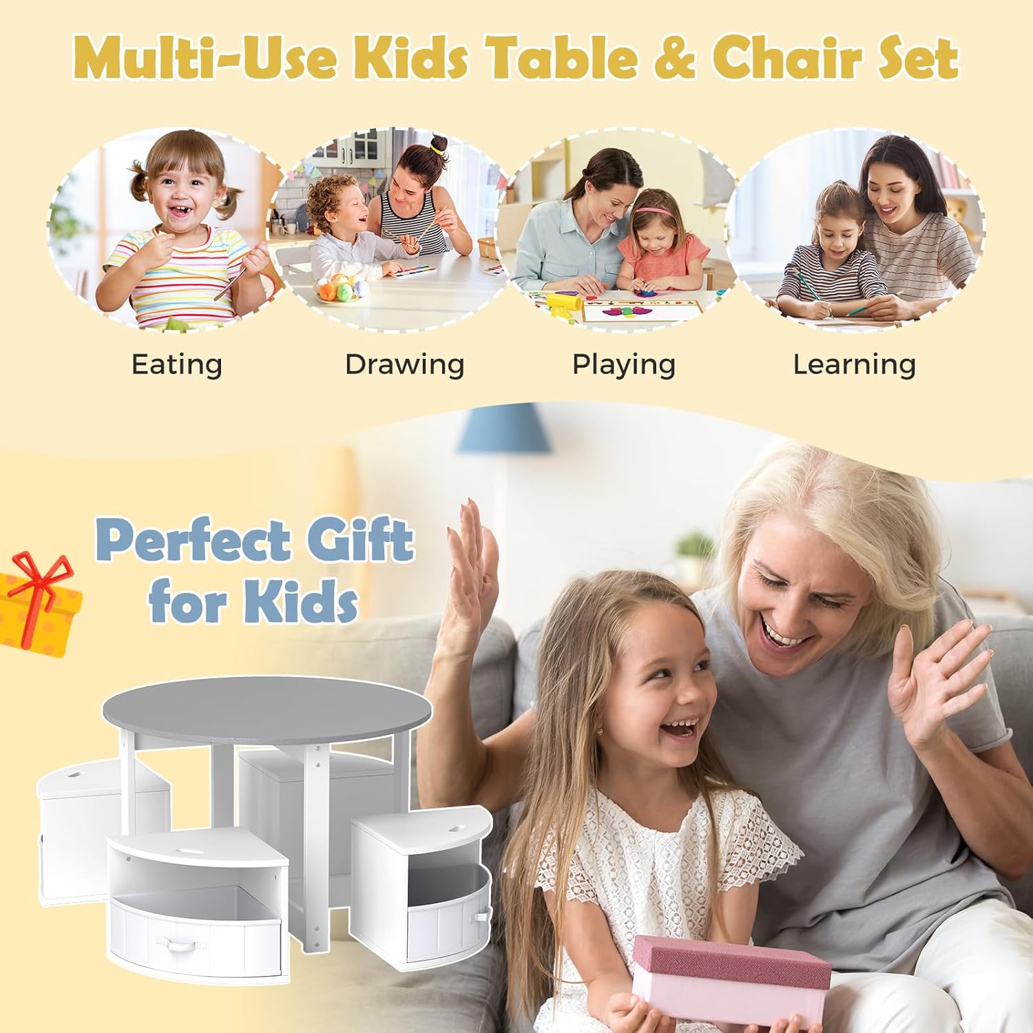 Costzon Kids Table and Chairs, 5 Pieces Wooden Round Children Nesting Desk with 4 Storage Stools & 4 Fabric Drawers for Activity, Play, Art, Read, Craft, Eat, Toddler Table and Chair Set (Gray)