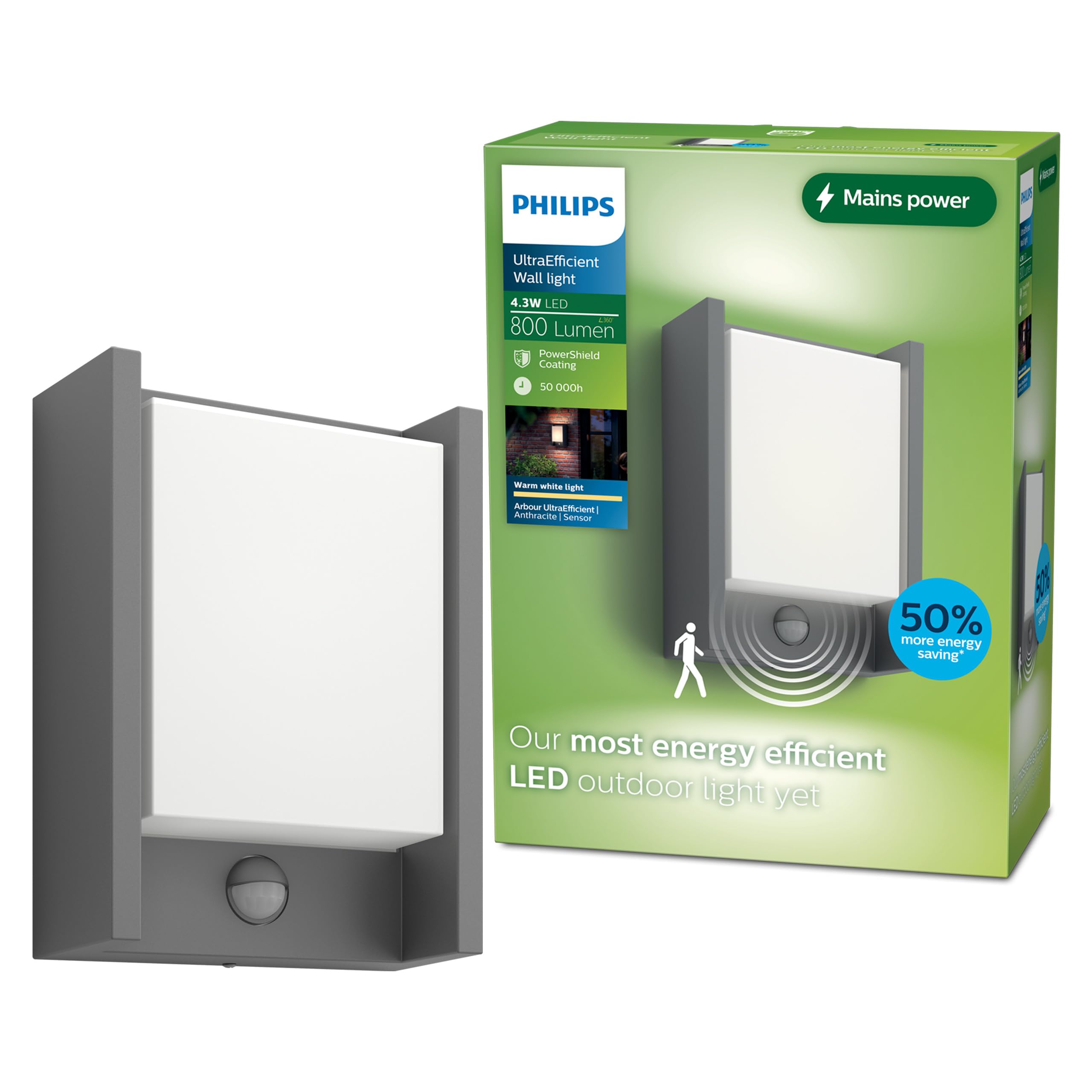 Philips Antracite Lighting Arbour Ultraefficient Outdoor Wall Light, 3.8W, 2700K, Motion Sensor, Ip44 Weatherproof