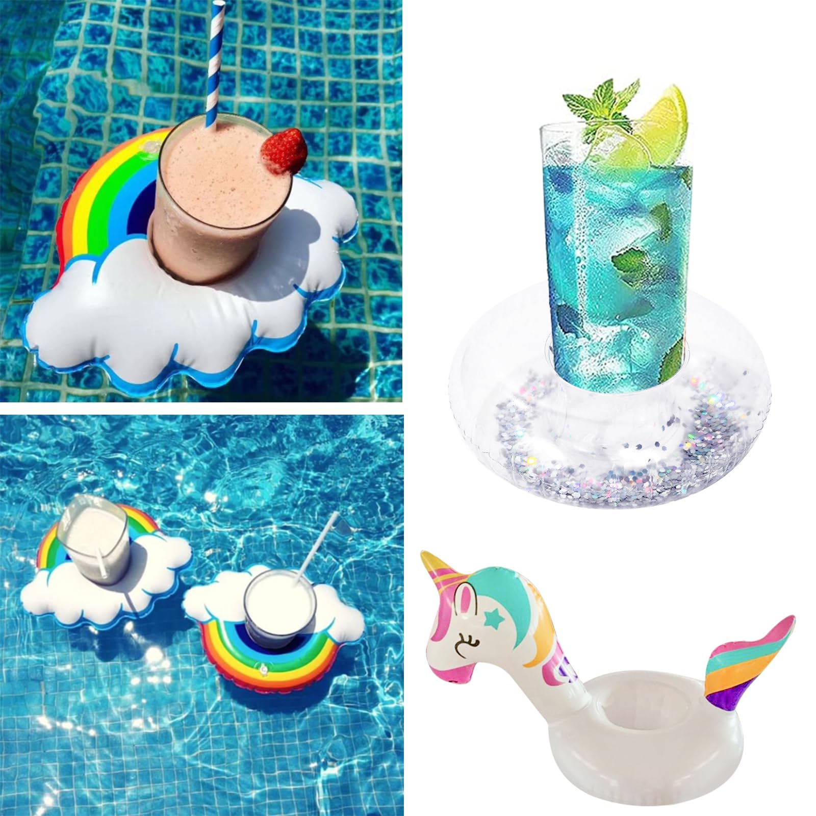 Lot De 6 Porte-boissons Gonflables Pour Piscine - Motifs Sirène, Coquillage, Vague - PVC - Pour Fêtes Et Plage - 3
