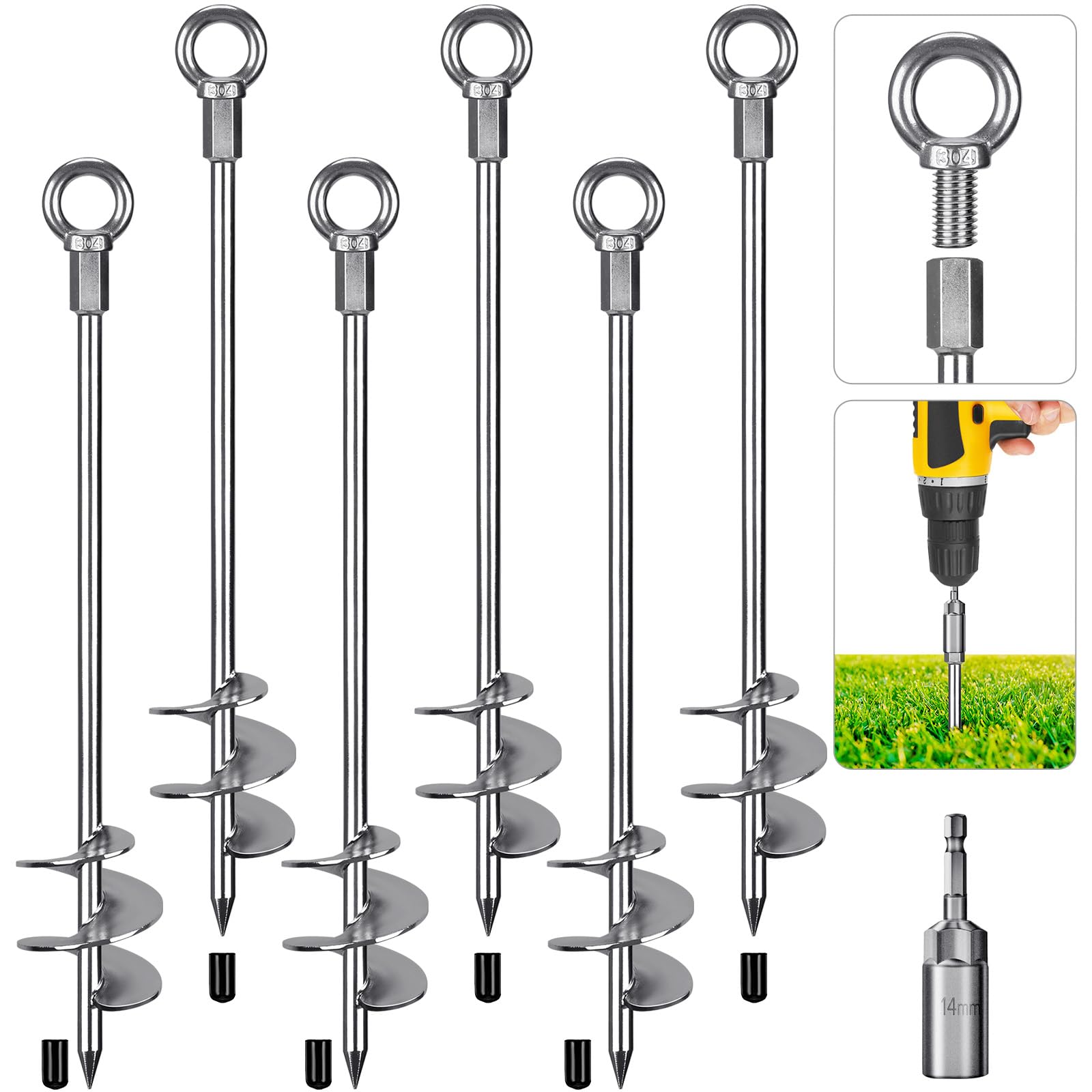 Dolibest Tent Peg Heavy Duty, 76cm Ground Anchor Screw Trampoline Stake Metal Earth Sand Spiral Wind Storm Spike for Swing/Camping/Shed/Dog/Carport/Canopy with Fixed Eyelet, 6 Pack