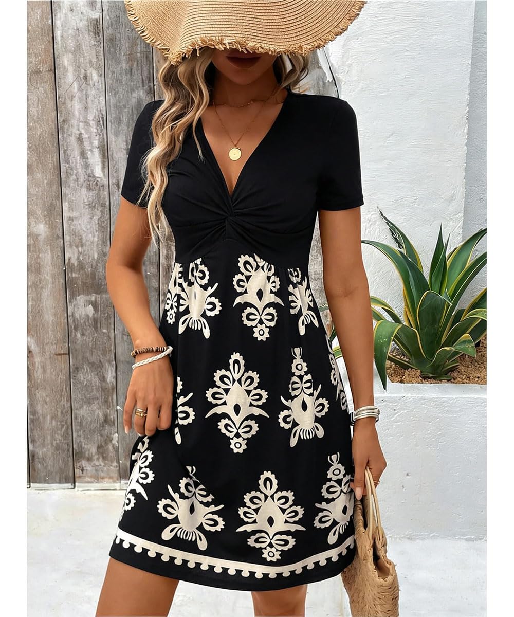 Robe Ete Femme Col V Chic et Elegant Manches Courtes Mini Robe A-Line Décontractée Robes Taille Haute pour Fête Noël Mariage