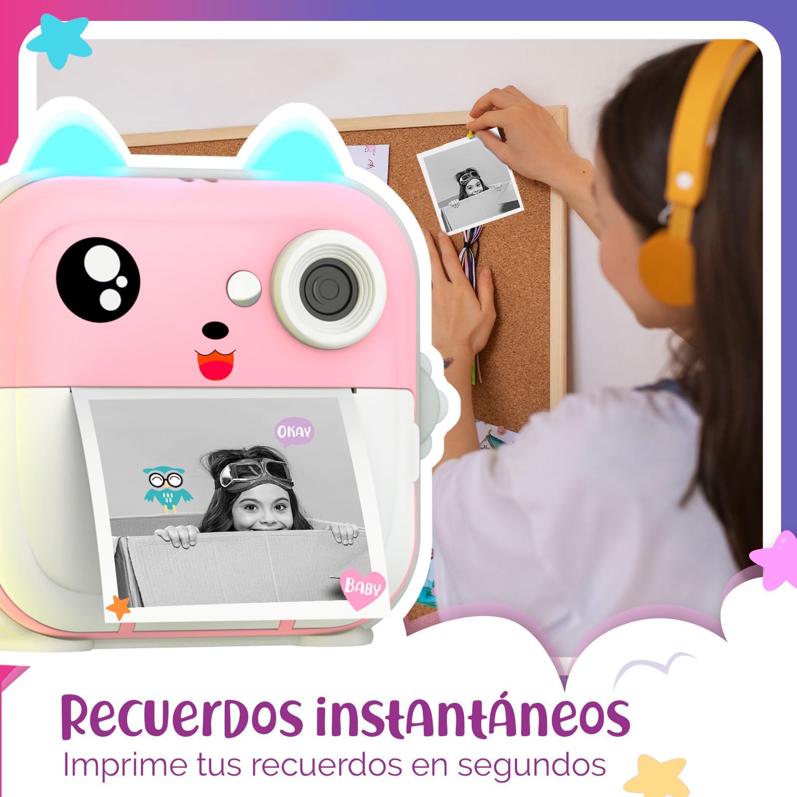 Camara de Fotos Instantaneas – Doble Lente de 48MP, Video 1080P, Impresión Térmica, 4 Rollos de Papel – Filtros Divertidos & Juegos – App Bluetooth, Tarjeta de 32GB – Regalo para Niñas & Niños - Rosa