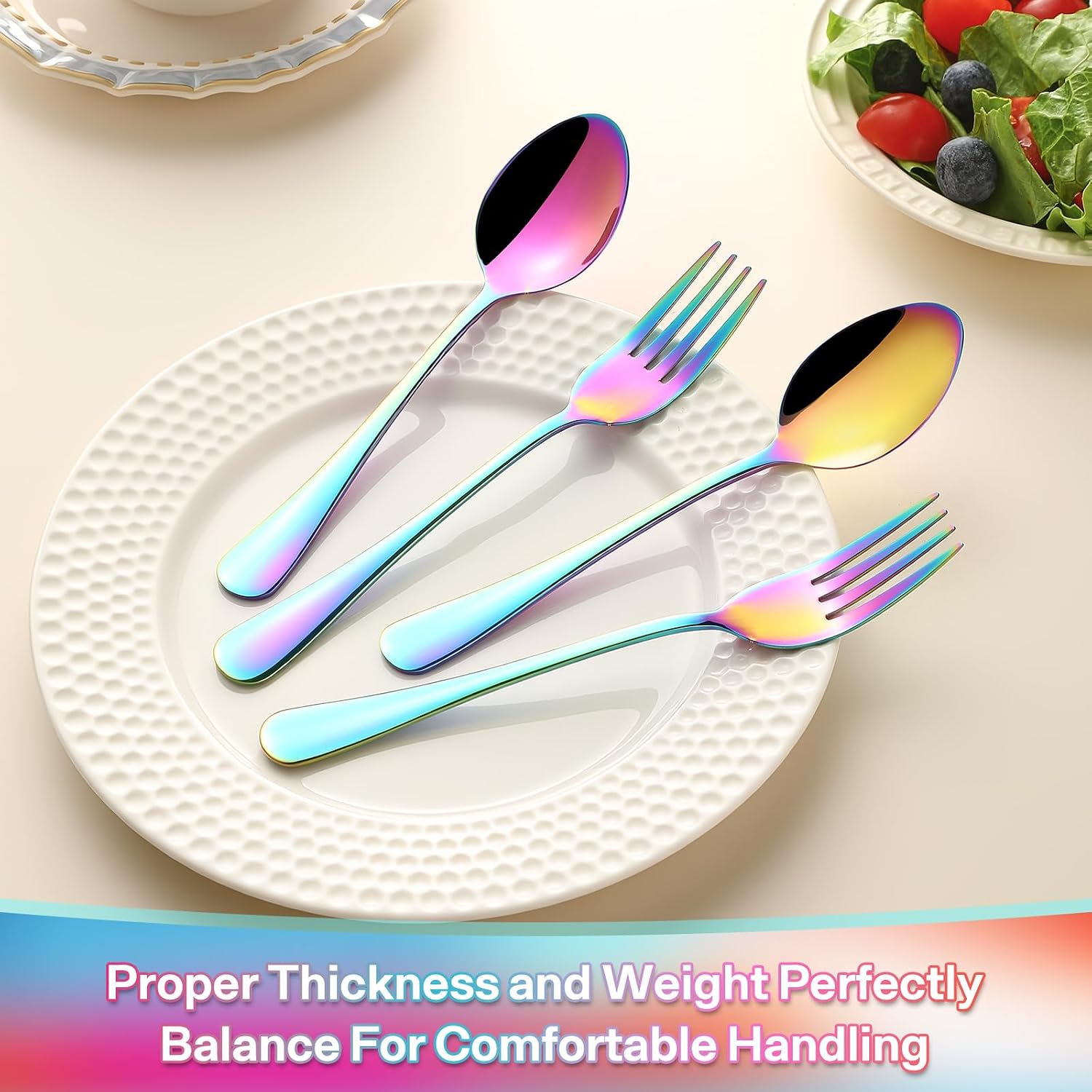 12 Pieces Spoons and Forks Set,Food Grade Stainless Steel Flatware Cutlery Set,6 Forks and 6 Spoons Silverware Set for Home,Kitchen,Restaurant-Mirror Polished & Dishwasher Safe(Rainbow)