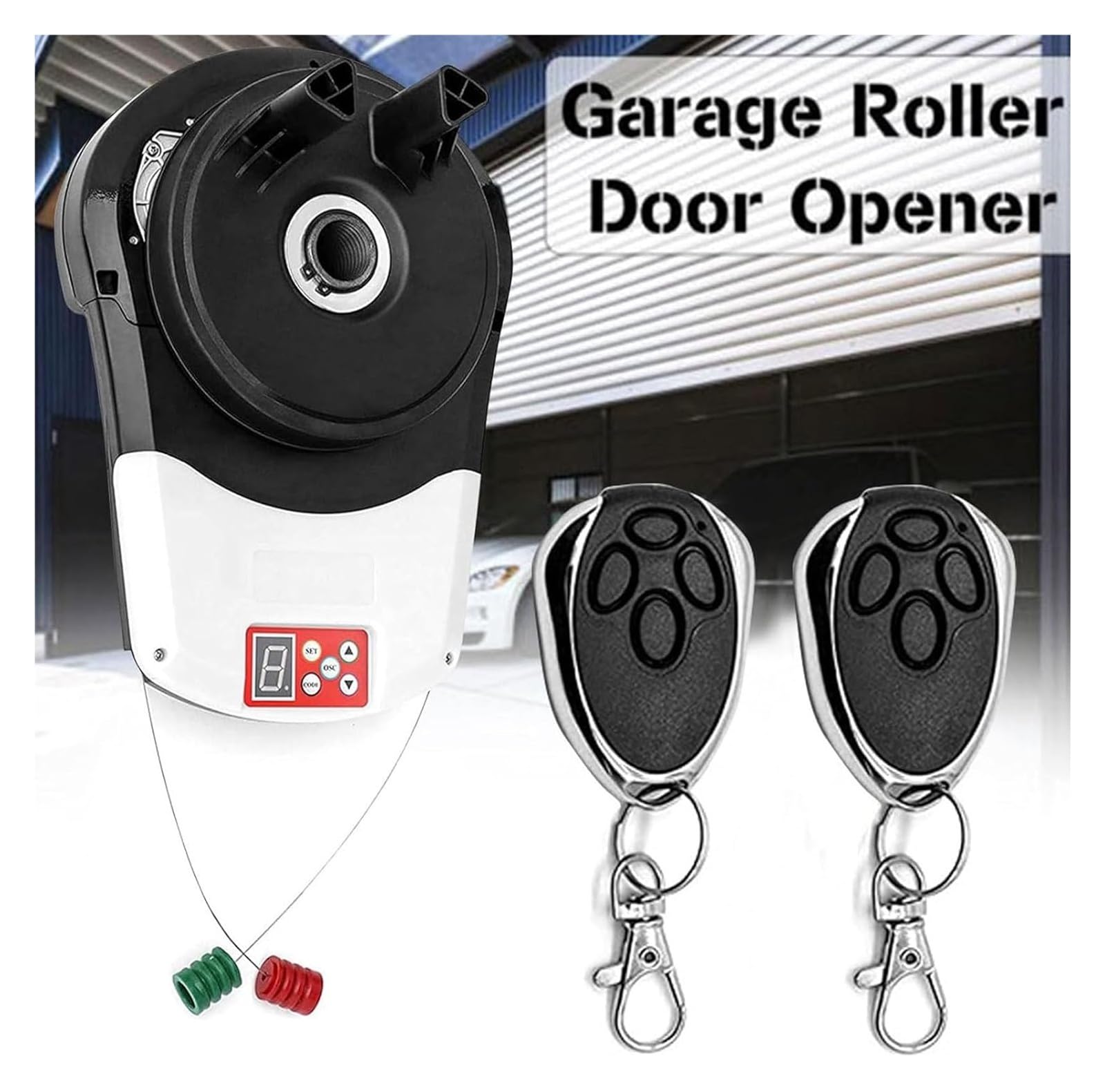 Abridor automático de puerta enrollable con 2 mandos a distancia, puerta de acceso enrollable para garaje, almacén, tienda, granja