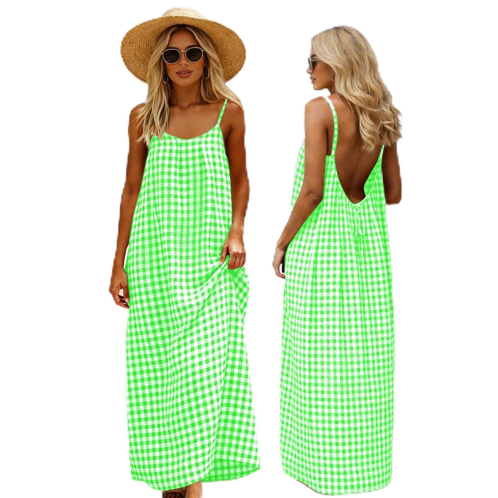 Backless Cami Dresses for Women UK Linen Beach Coverups Maxi Dress Summer Holiday Coord Outfit Tartan Print Sarongs Plus Size Beachwear Clothes Spaghetti Straps Vest Mint Green S