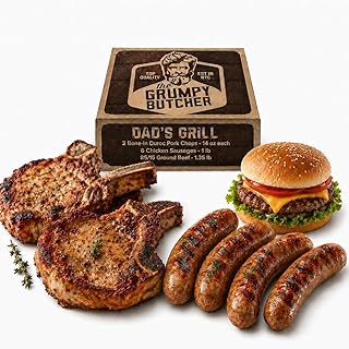 Grumpy Butcher Dad’s Grill - 4.15 lb BBQ Meat Combo of 2 Duroc Pork Chops, 6 Chicken Sausages & 1.4 lb Ground Beef - Father’s Day Grilling Set With Gift Box Option - Ships Frozen