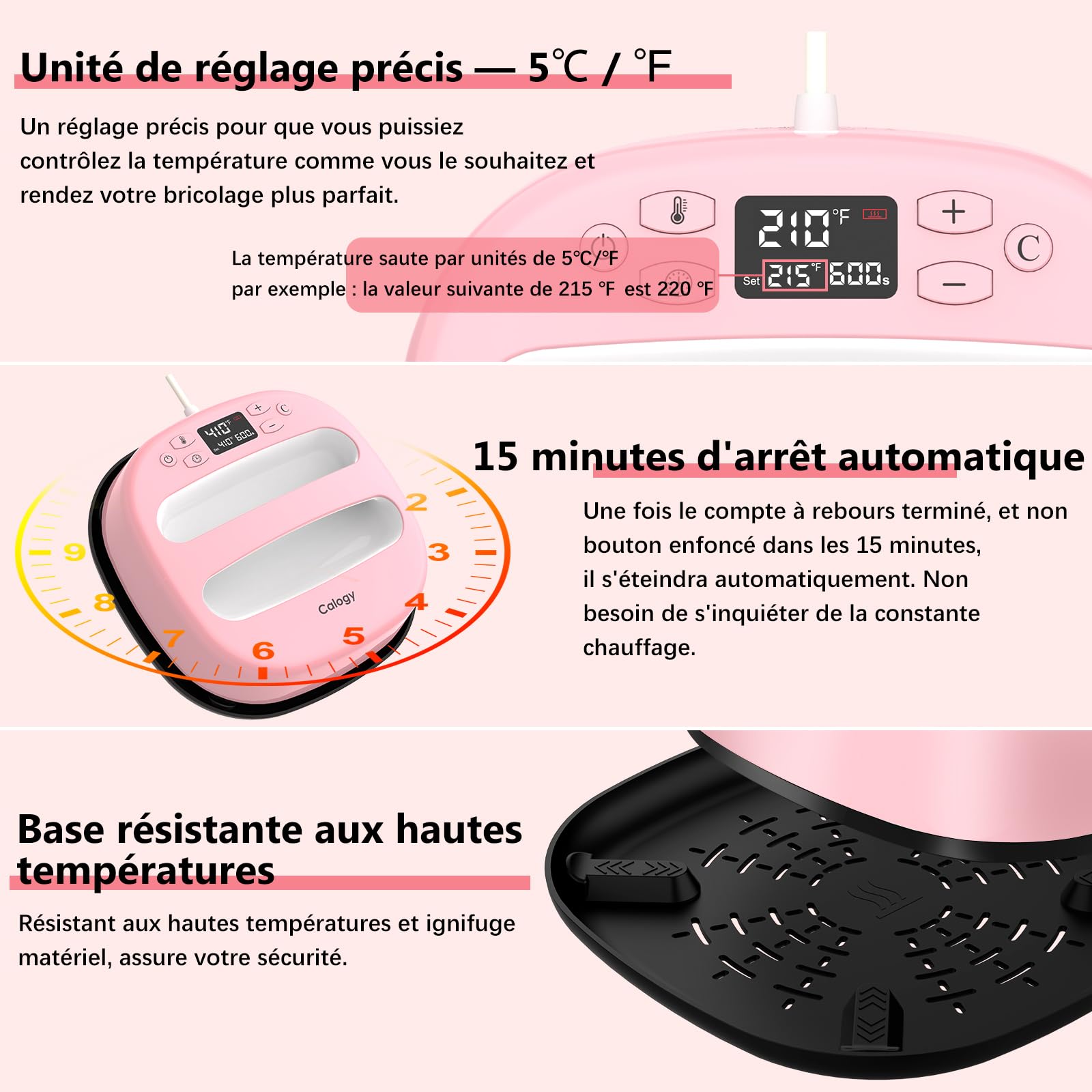 Calogy Presse a Chaud Textile 25,4x25,4 cm(10 * 10"), Machine Impression Tee Shirt Portable Sublimation, Imprimante Textile Rapide Sacs, Oreillers, Chapeaux, HTV Vinyle Transfert Chaleur (Rose Blanc)