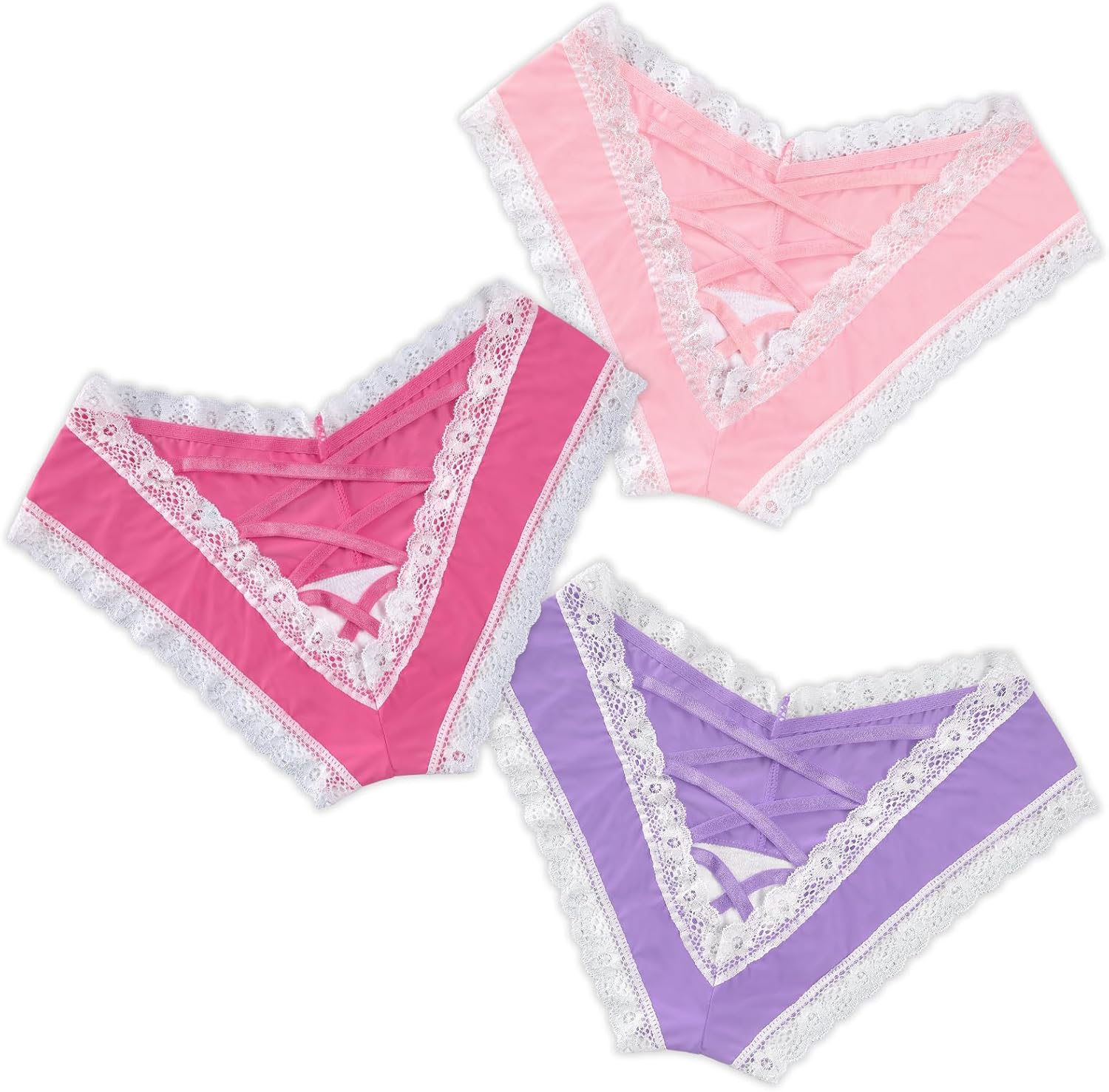 Littleforbig Lace Seamless Hipster Sexy V-Back Strappy Criss Cross Sissy Tease 3-Pack Panties Set - Image 4