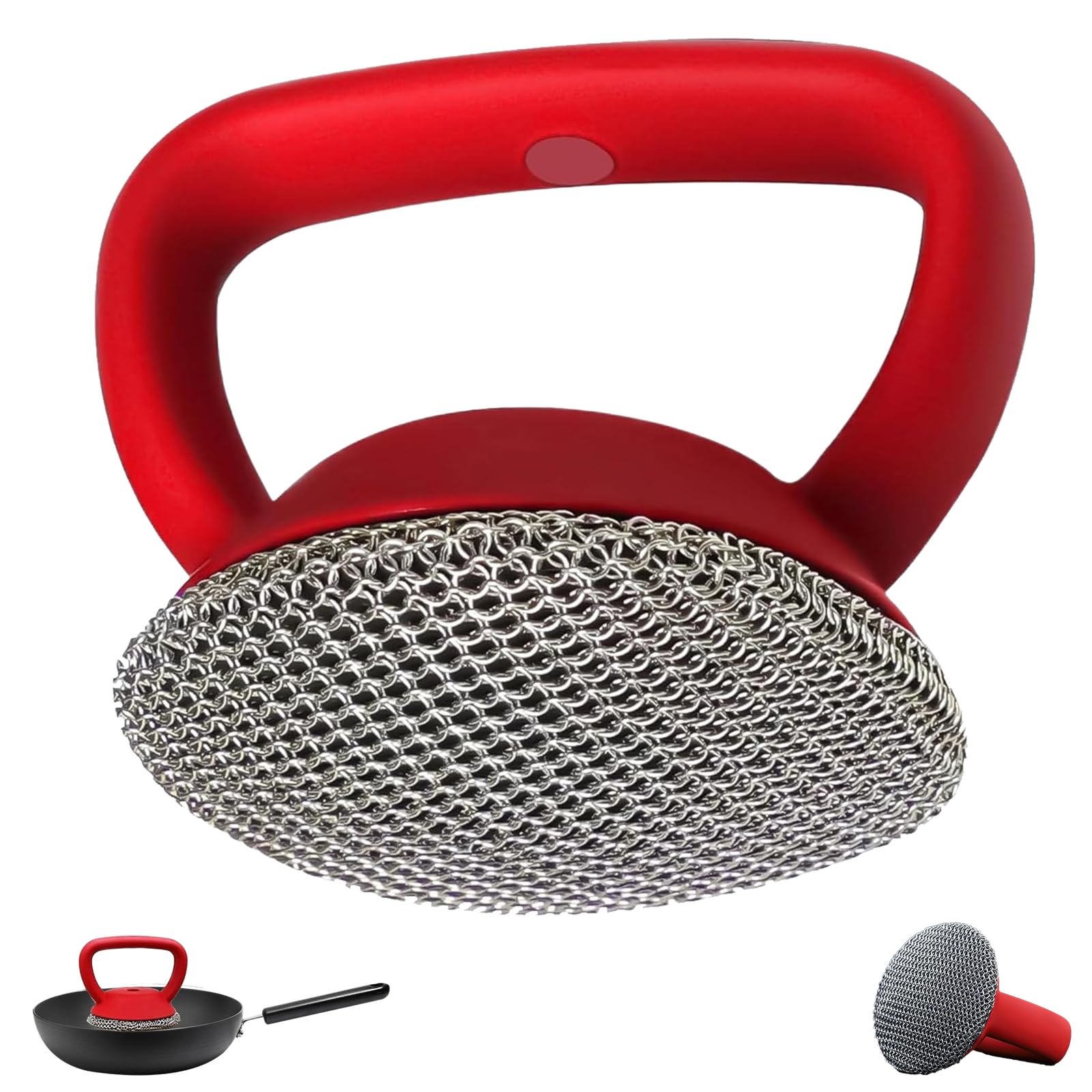 Limpiador de hierro fundido con mango de acero inoxidable 316L para limpiador de sartenes de hierro fundido, sartenes y parrillas (rojo)