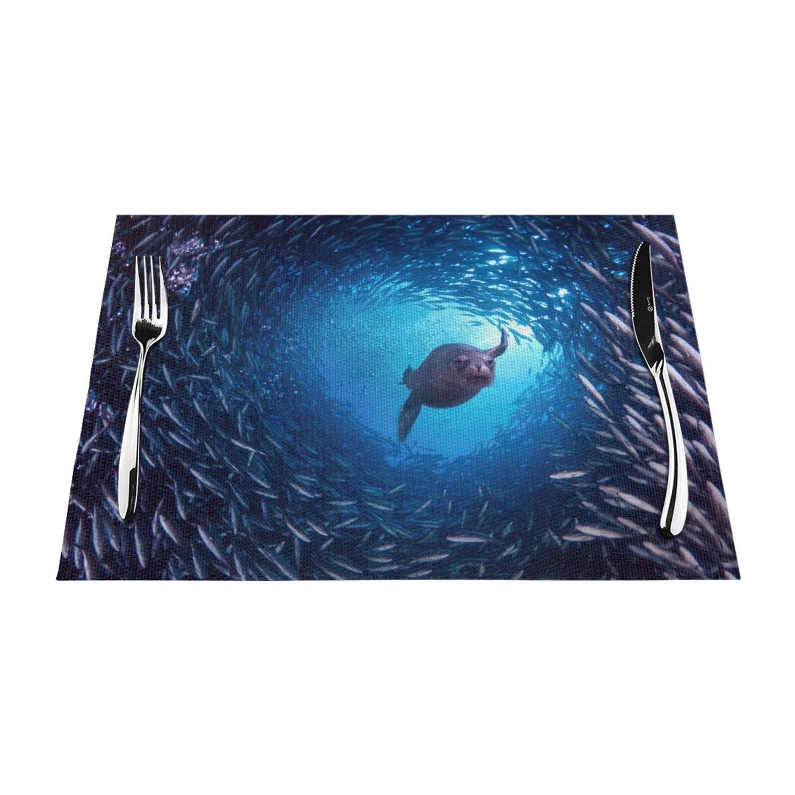 PVC Placemat Set of 4 PCS, 45x30 CM, Underwater sea lion Printed Non-Slip Heat Resistant Place Mats for Kitchen Dining Table Indoor Outdoor