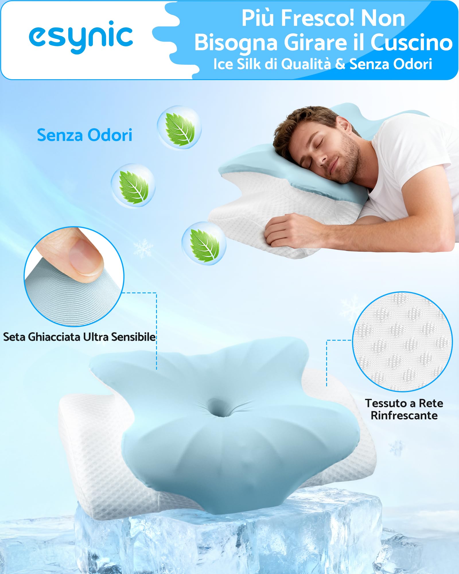 eSynic Cuscino Cervicale in Memory Foam Ergonomico con Doppia Altezza 11/13cm, Cuscino Ortopedico per Chi Dorme sul Fianco o Supino, Federa Ice Silk Traspirante Lavabile, 60x39cm - Azzurro